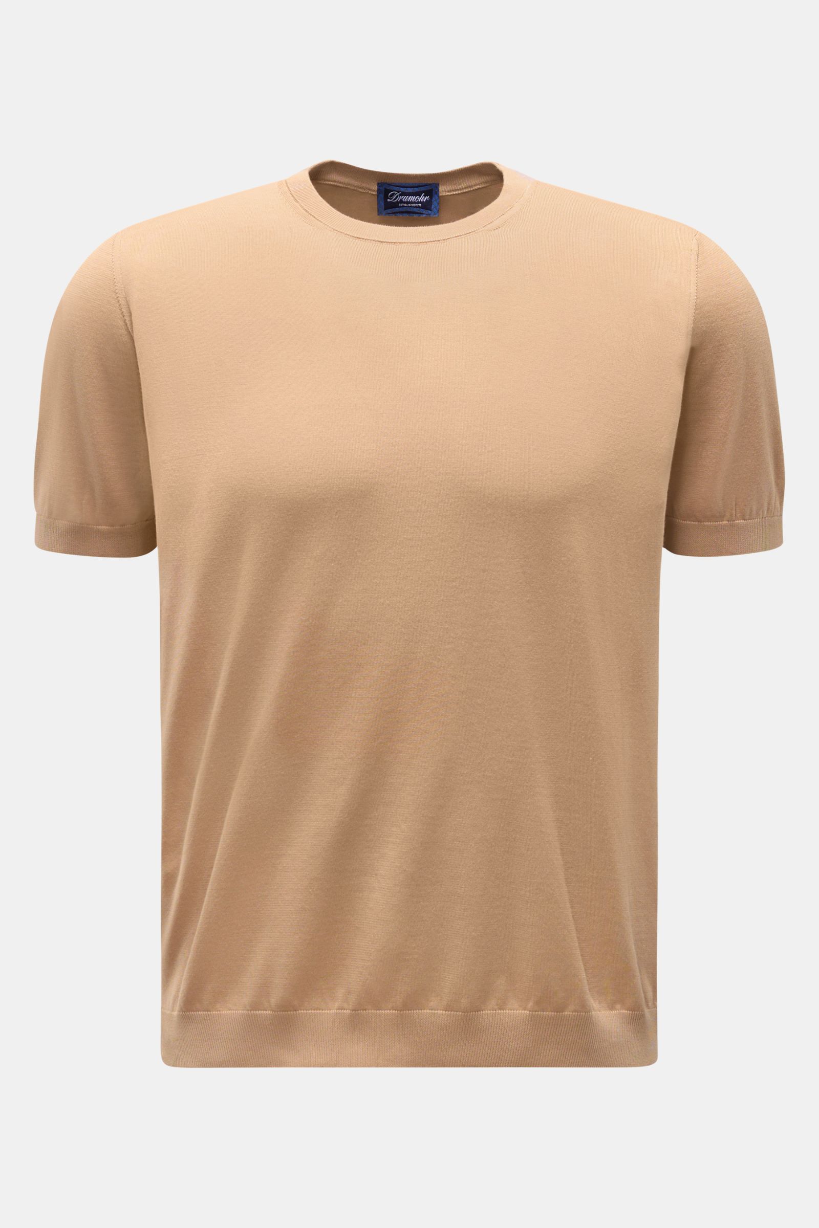 Drumohr Kurzarmpullover hellbraun, Slim Fit, aus feiner Baumwolle, weicher Griff, elastische Rippbündchen, Frontalansicht, Italien gefertigt.