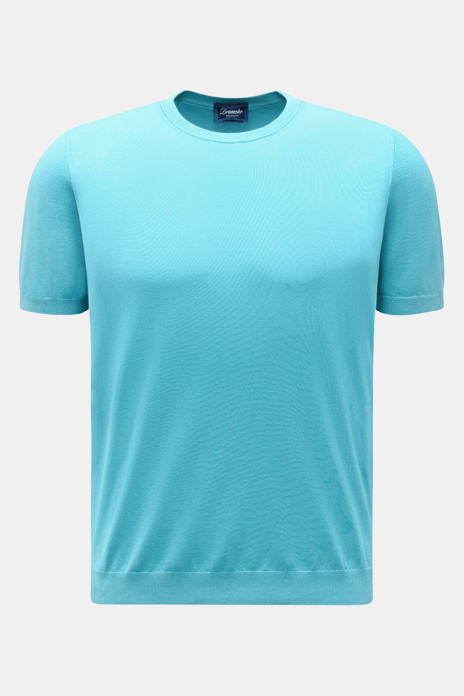 Drumohr Kurzarmpullover blau, feiner Slim Fit Kurzarm aus weicher Baumwolle, elastische Rippbündchen, sehr feines Strickbild, Frontansicht.