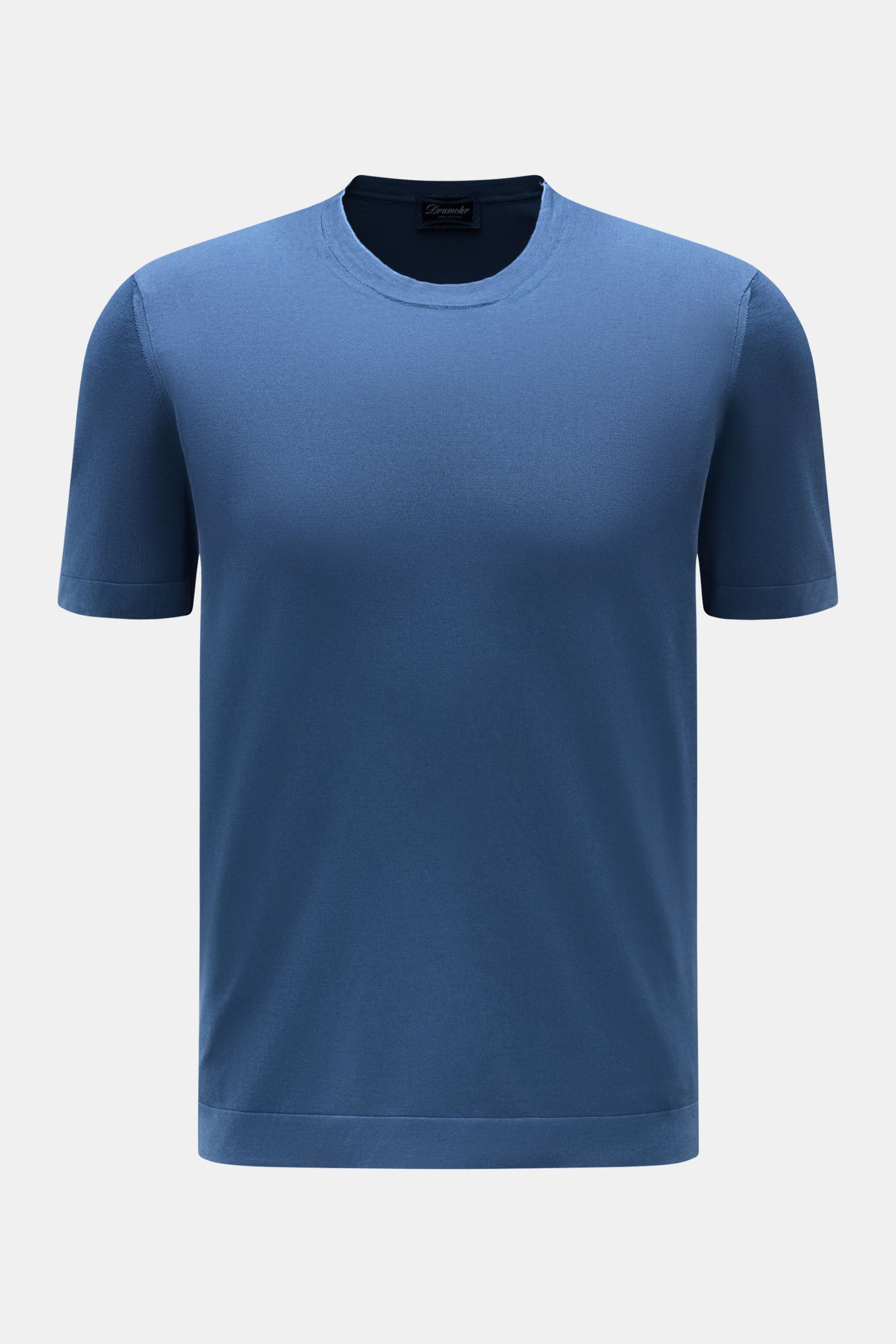 Front view of a Drumohr T-shirt dark blue in fine cotton knit, crew neck, regular fit, and very soft feel.

Description: A basic with maximum comfort: This elegant T-shirt by DRUMOHR made of cotton in a comfortable fine knit is a must-have essential fo