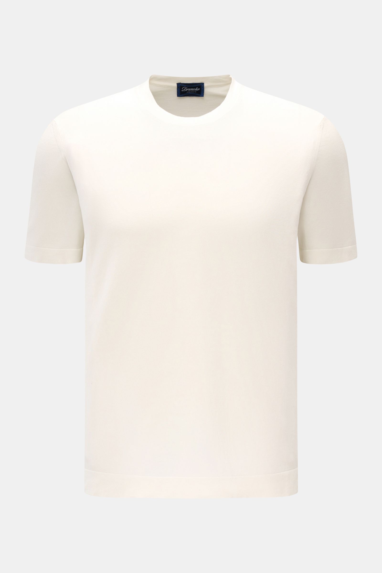 Front view of Drumohr T-shirt off-white, a fine knit cotton crew neck with regular fit and very soft feel, an elegant basic for comfort.

Description: A basic with maximum comfort: This elegant T-shirt by DRUMOHR made of cotton in a comfortable fine kn