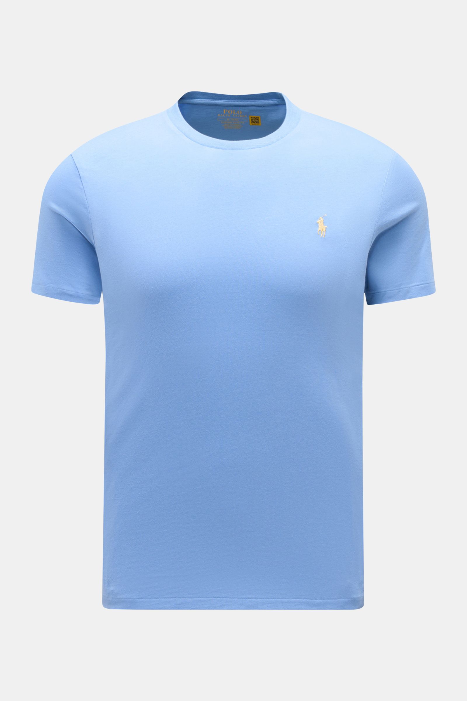 Front view of Polo Ralph Lauren Crew neck T-shirt smoky blue in extra slim fit with soft pure cotton jersey and signature logo stitching. 

A sporty classic: This soft T-shirt in pure cotton by POLO RALPH LAUREN combines the iconic logo stitching with 