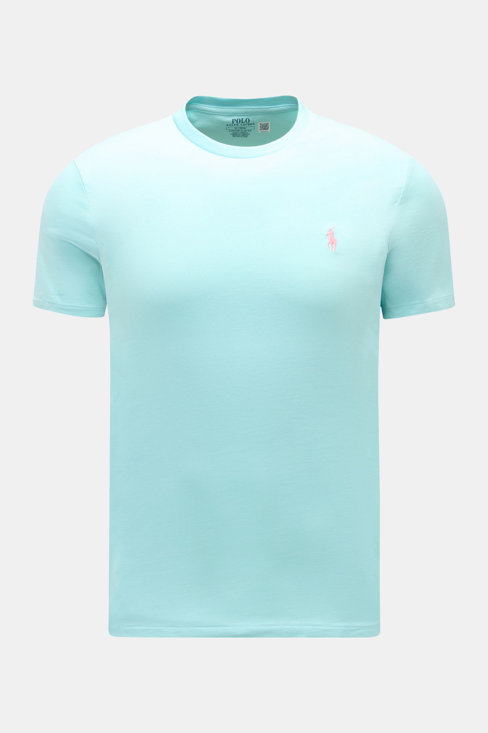 Front view of a Polo Ralph Lauren Crew neck T-shirt light blue, featuring a slim silhouette, soft pure cotton jersey, crew neck, and signature pink logo stitching on the chest.

A sporty classic: This soft T-shirt in pure cotton by POLO RALPH LAUREN co
