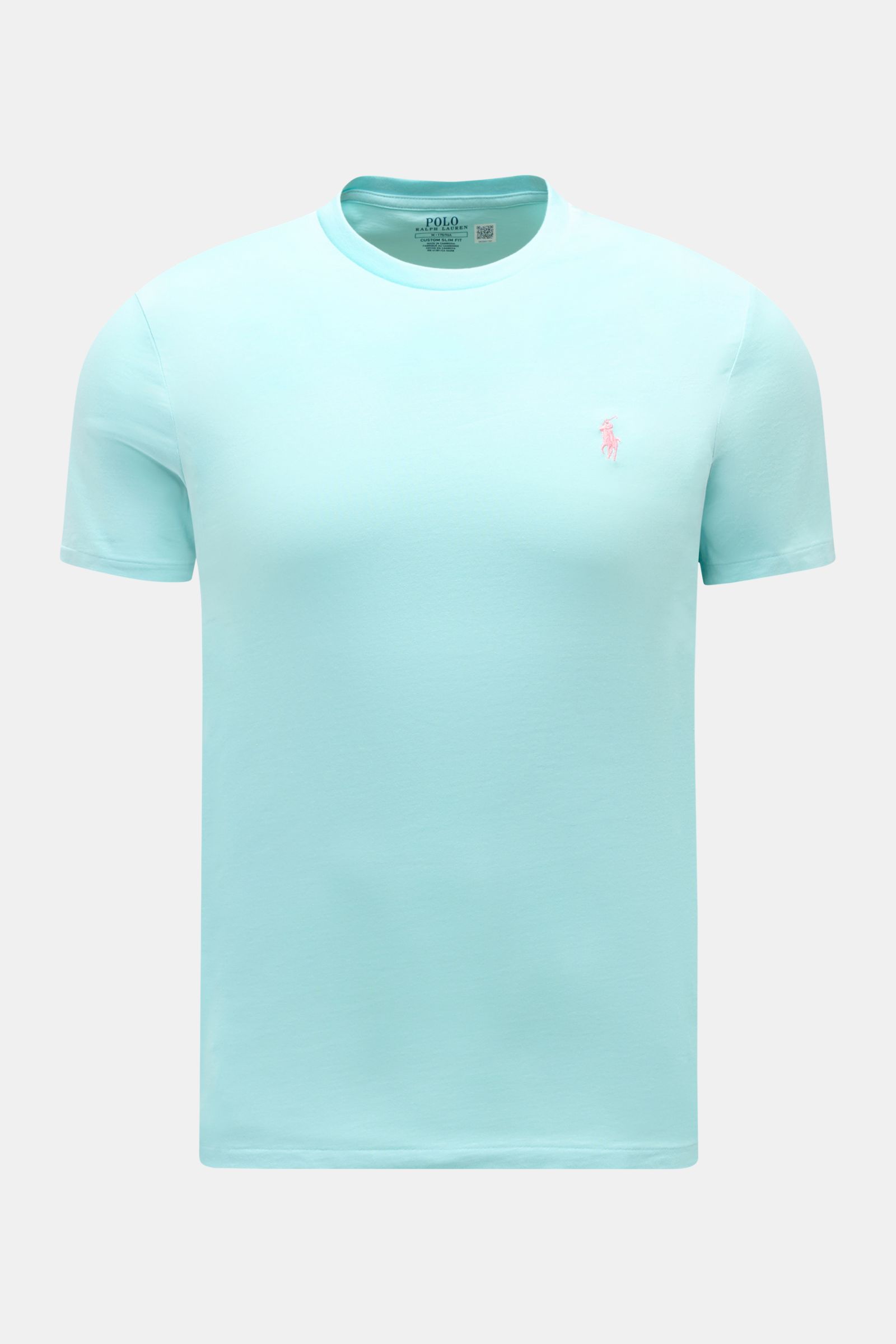 Polo Ralph Lauren Rundhals-T-Shirt türkis, frontale Nahaufnahme, extra Slim Fit, weiche Baumwolle, Logo-Stitching, Rundhalsausschnitt.
