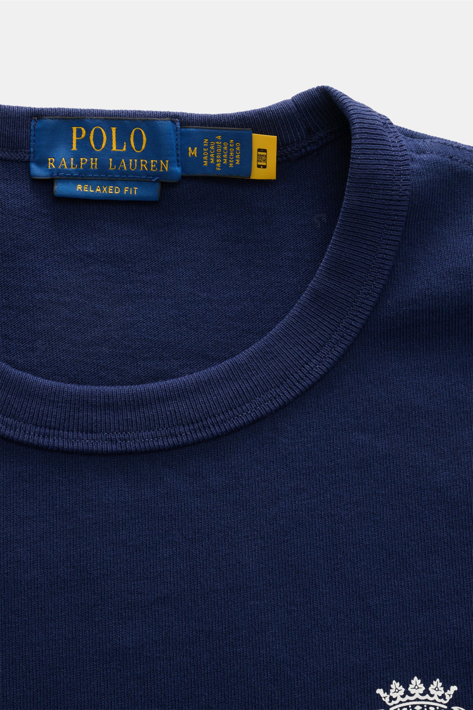 Polo Ralph Lauren Rundhals-T-Shirt navy von oben fotografiert, reine Baumwolle, Regular Fit, Rundhalsausschnitt, Logo-Print Brust, schwere Qualität.