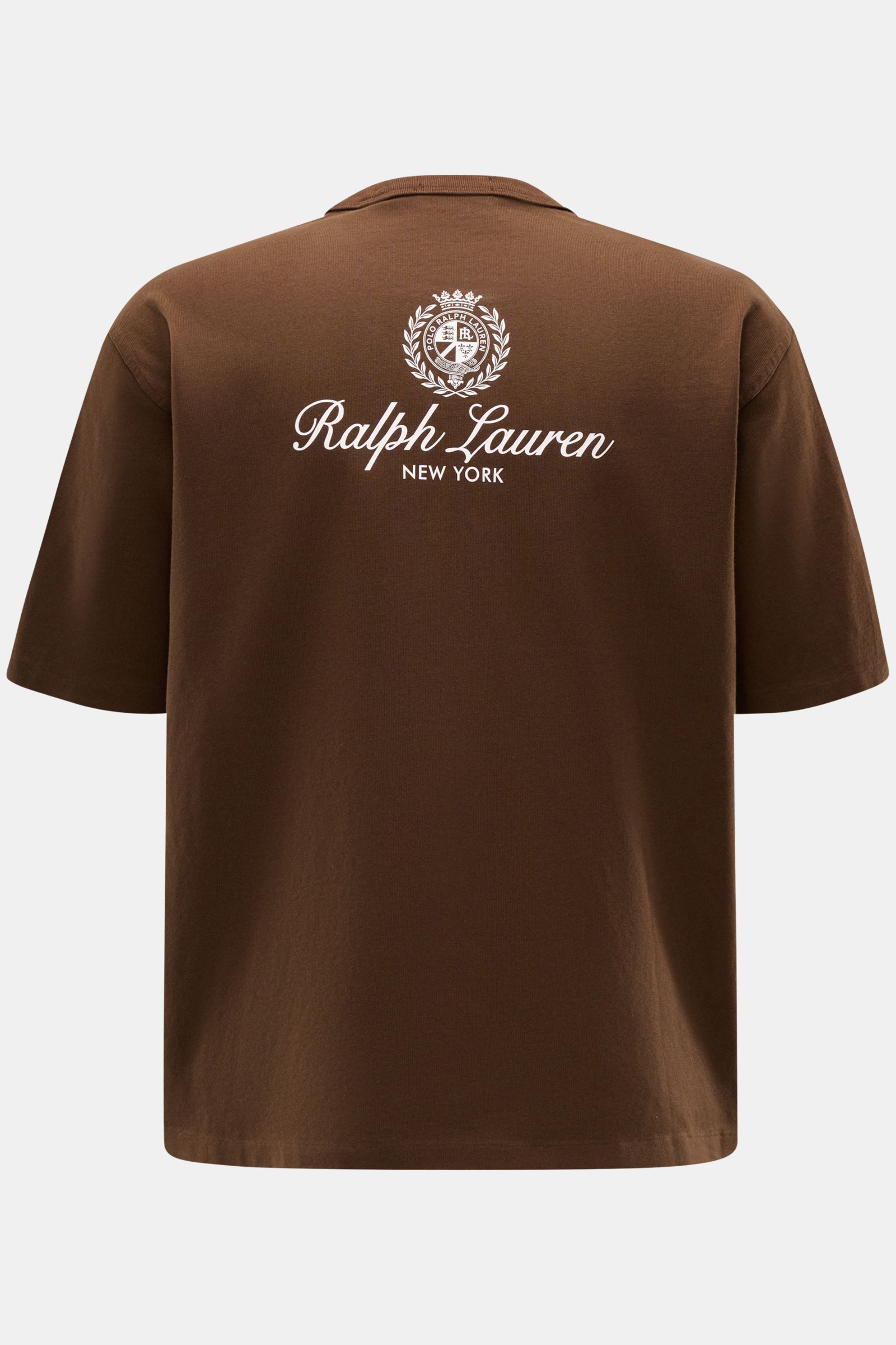 Polo Ralph Lauren Rundhals-T-Shirt dunkelbraun, Rückansicht, reine Baumwolle, schwere Qualität, Regular Fit, Rundhalsausschnitt, weißer Logo-Print.