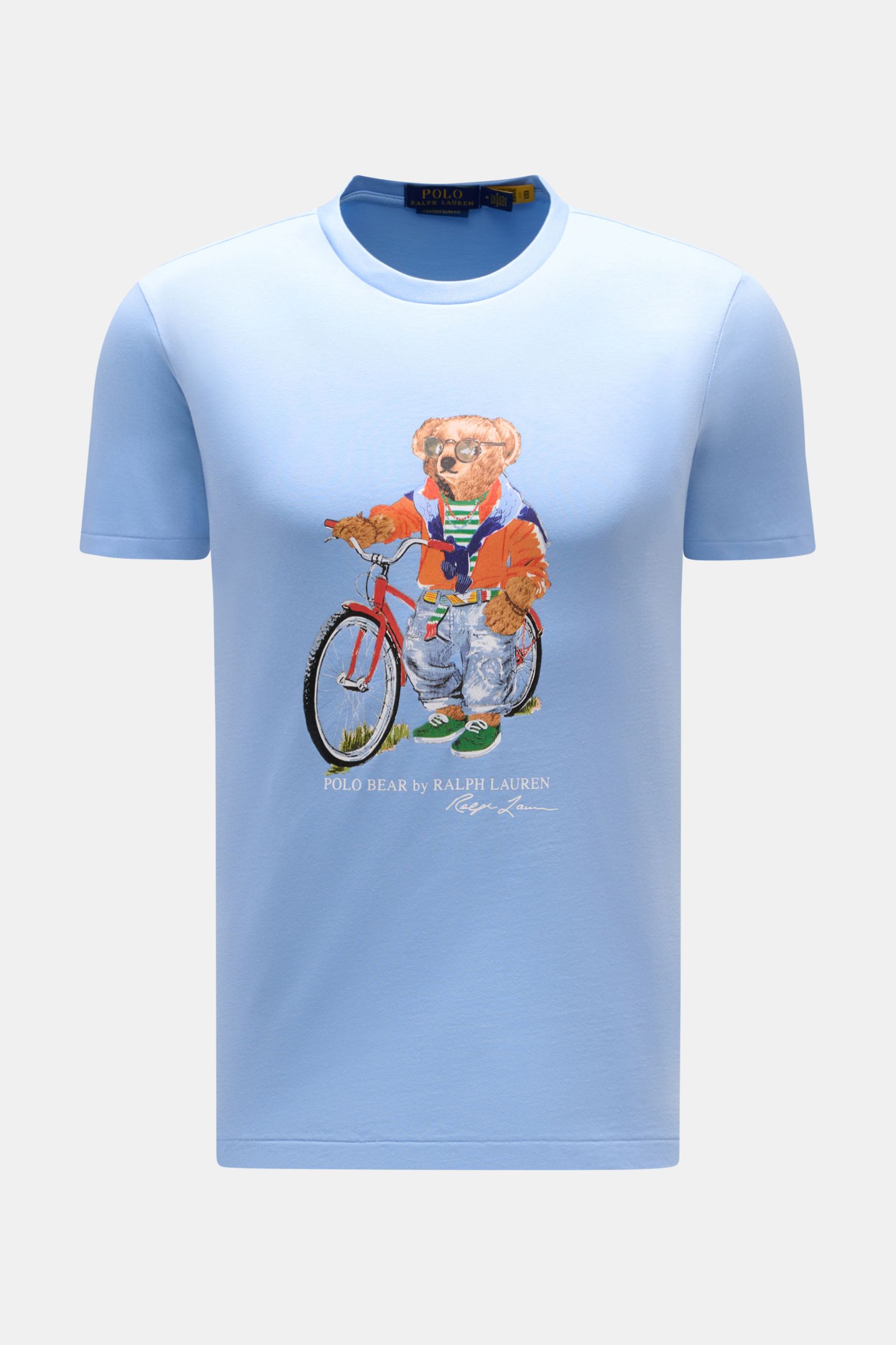 Polo Ralph Lauren Rundhals-T-Shirt hellblau, frontale Ansicht, weicher Jersey, Regular Fit, großer Polo-Bear-Print auf Brust, Rundhalsausschnitt.