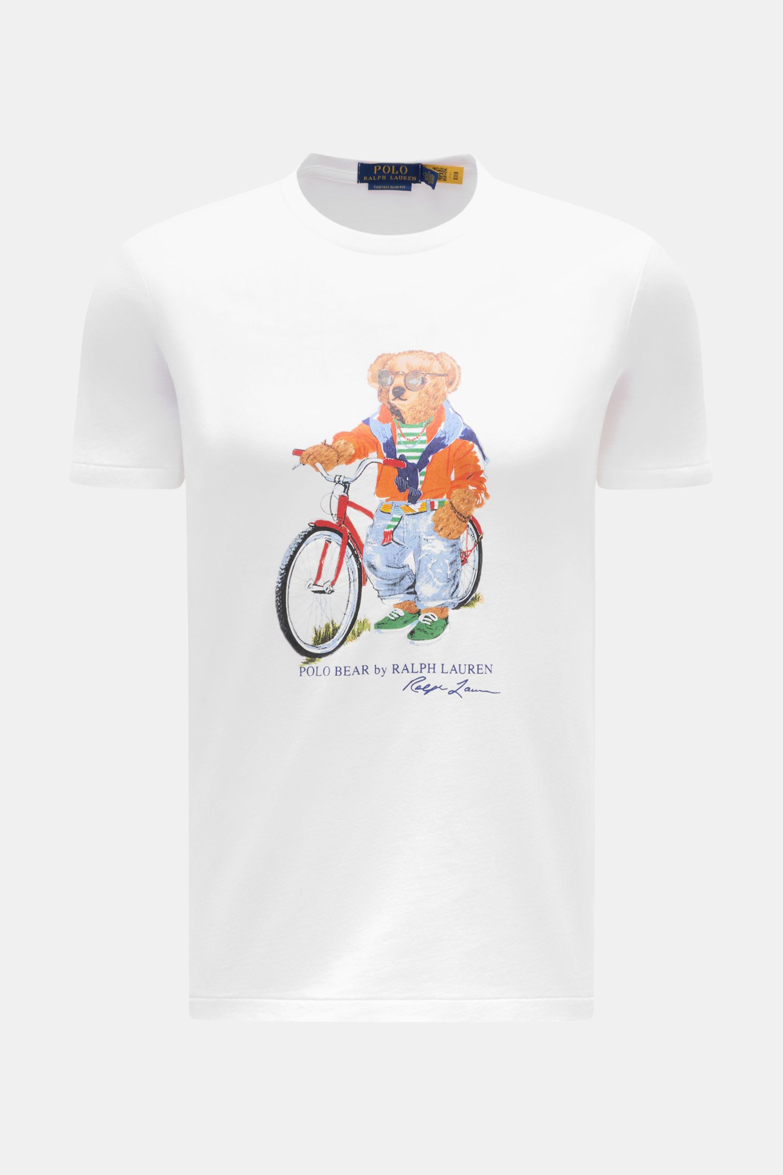 Weißes Polo Ralph Lauren Rundhals-T-Shirt im Regular Fit, frontal fotografiert mit großem Polo-Bear-Print auf der Brust.