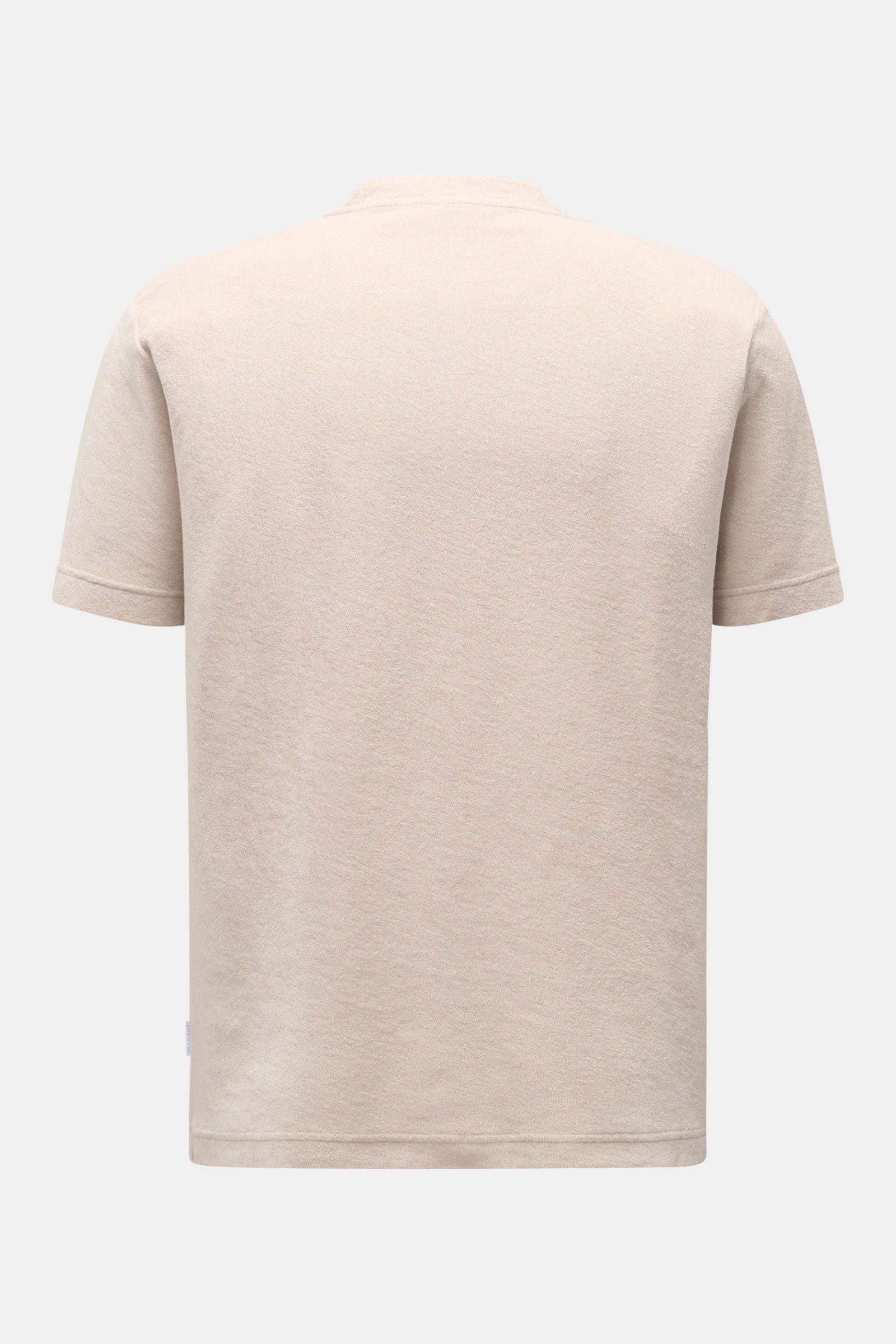 Rear view of 04651/ A trip in a bag Terry T-shirt 'Terry Tee' beige made of soft pure cotton terrycloth with crew neck and regular fit.

Description: The clean T-shirt 'Terry Tee' by 04651/ A TRIP IN A BAG is made of soft terry in pure cotton fabric an