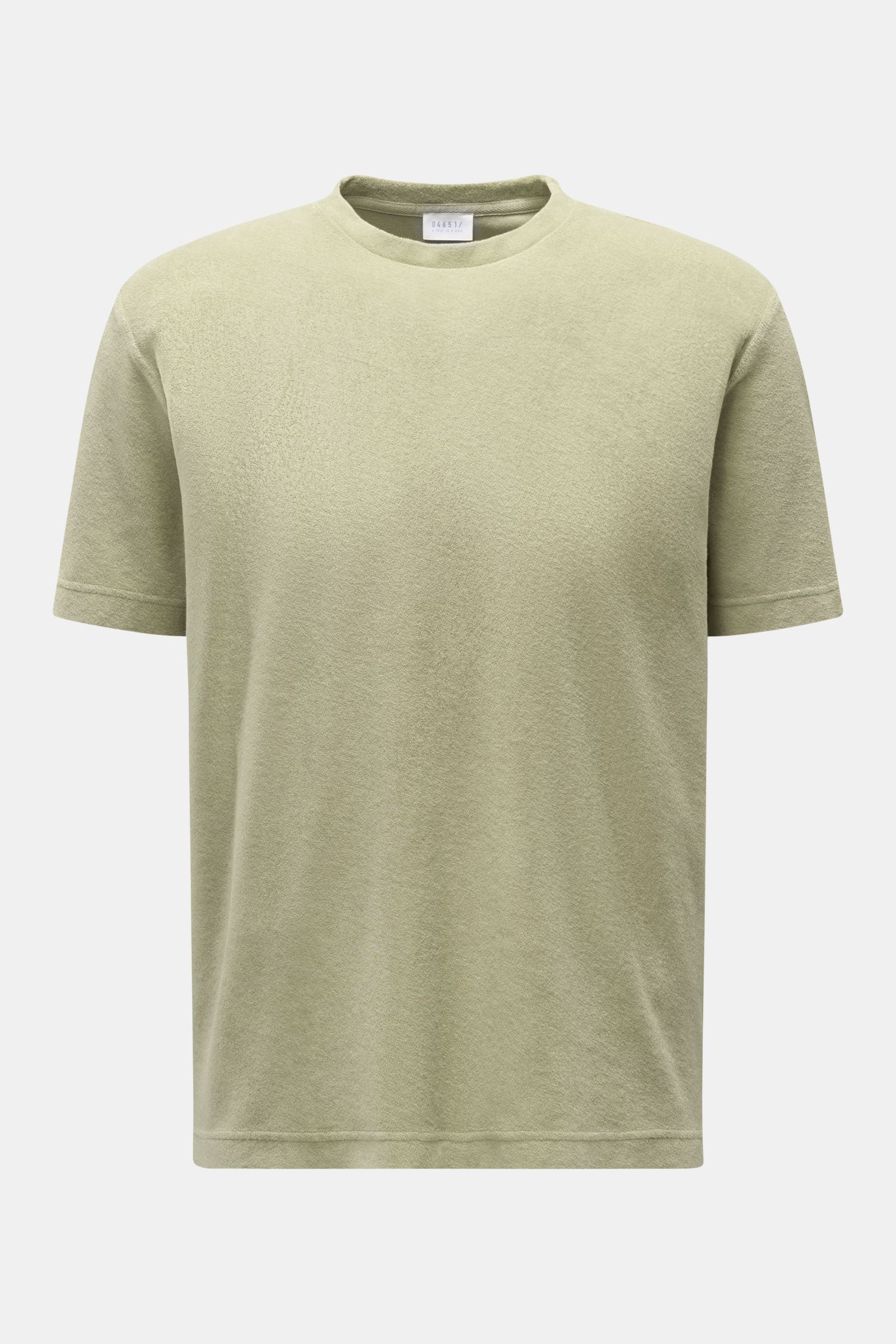 Front view of the 04651/ A trip in a bag Terry T-shirt 'Terry Tee' sage in soft pure cotton terrycloth, crew neck, regular fit, with a small woven label in the side seam.  
The clean T-shirt 'Terry Tee' by 04651/ A TRIP IN A BAG is made of soft terry i