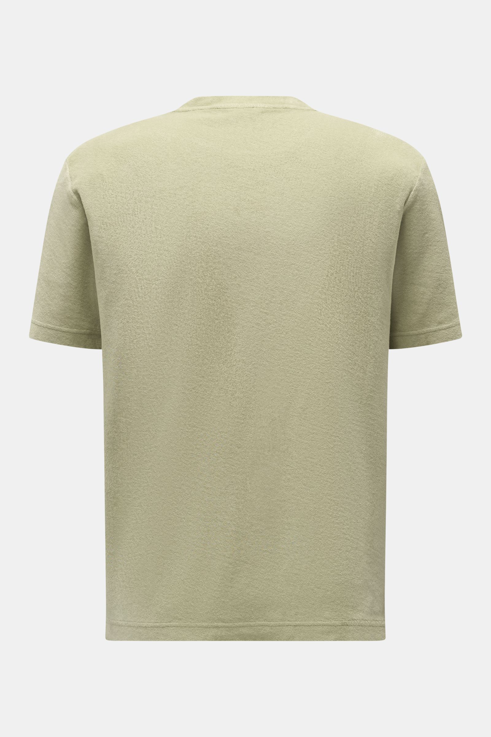 Back view of the 04651/ A trip in a bag Terry T-shirt 'Terry Tee' sage, made of soft pure cotton terrycloth with regular fit, crew neck, and small woven label in the side seam. 

The clean T-shirt 'Terry Tee' by 04651/ A TRIP IN A BAG is made of soft t