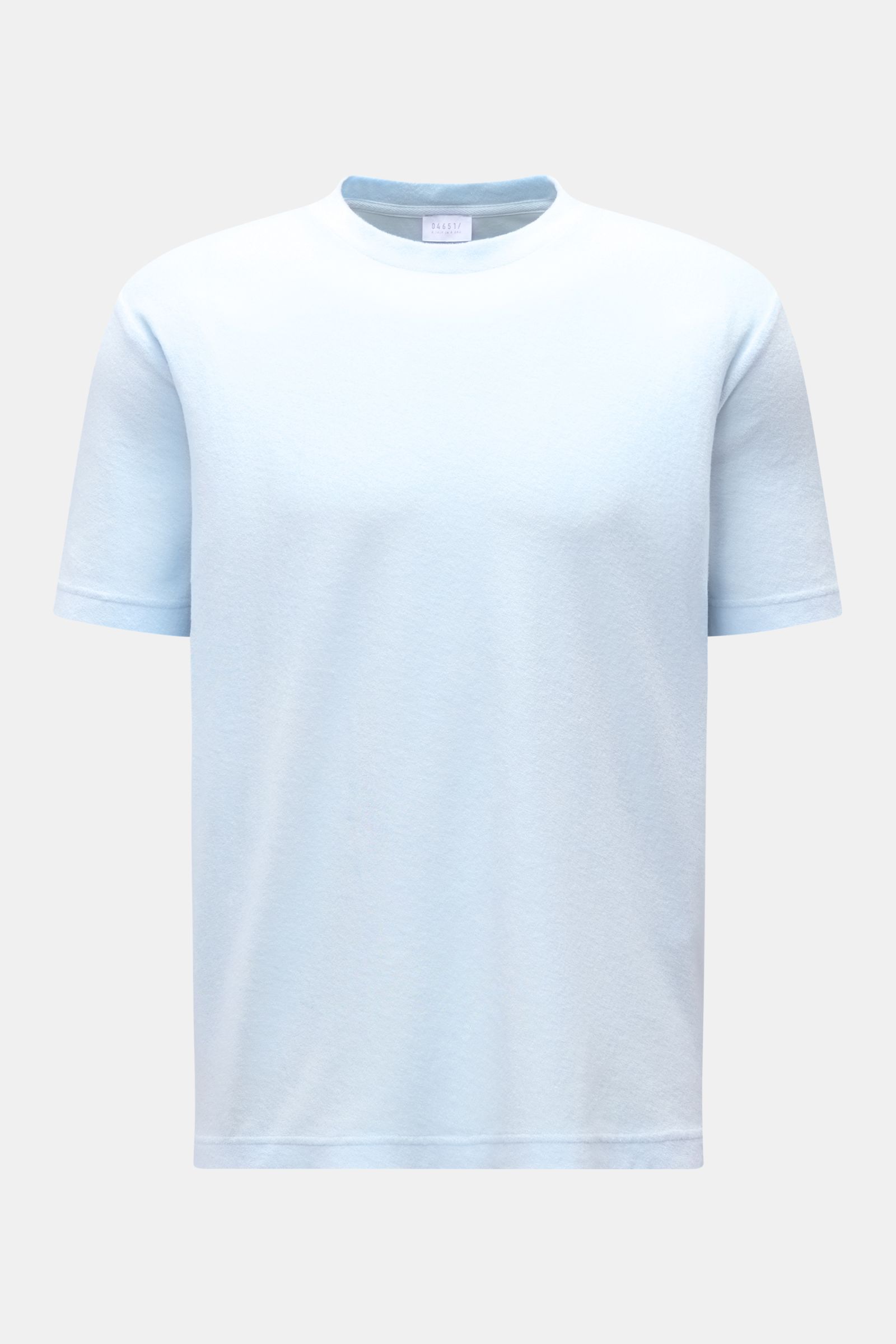 Front view of 04651/ A trip in a bag Terry T-shirt 'Terry Tee' pastel blue, made of soft pure cotton terrycloth with crew neck, regular fit, and small woven label in side seam, perfect everyday basic for beach or city.