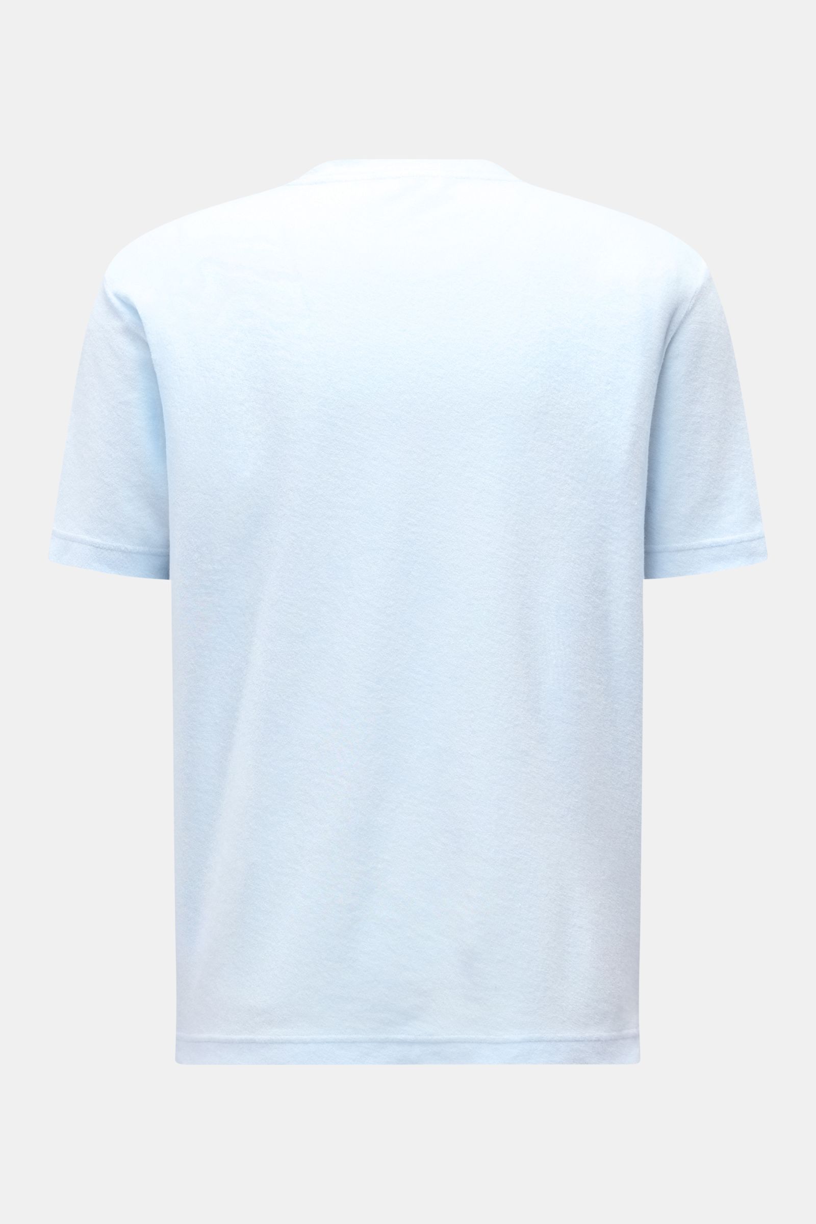 Back view of the 04651/ A trip in a bag Terry T-shirt 'Terry Tee' pastel blue made of soft pure cotton terrycloth, crew neck, regular fit with a small woven label in the side seam, perfect everyday basic for beach or city.