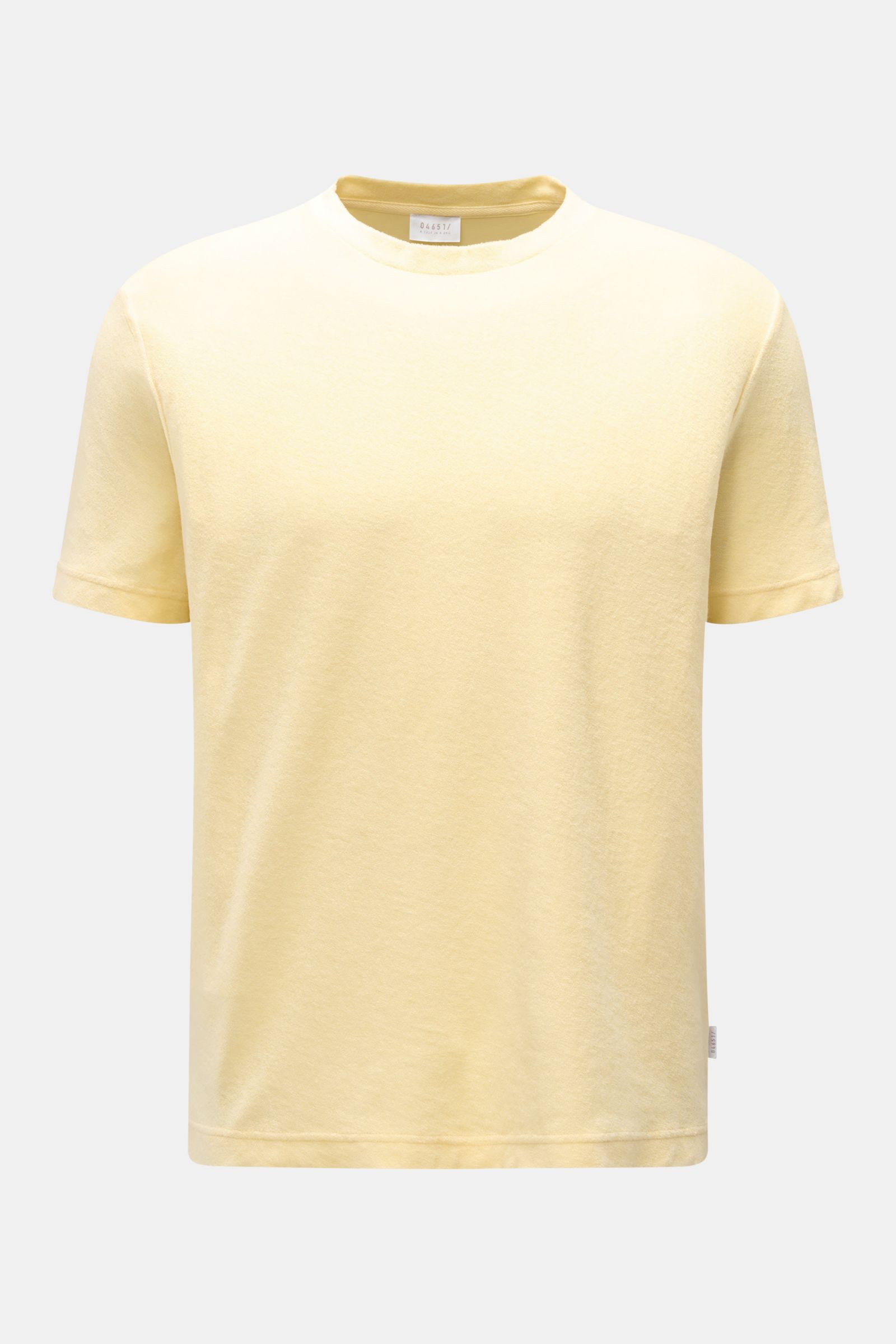 04651/ A trip in a bag Frottee T-Shirt 'Terry Tee' pastellgelb, frontale Ansicht, Regular Fit, Rundhalsausschnitt, reine Baumwolle, weicher Griff, kleines Weblabel.