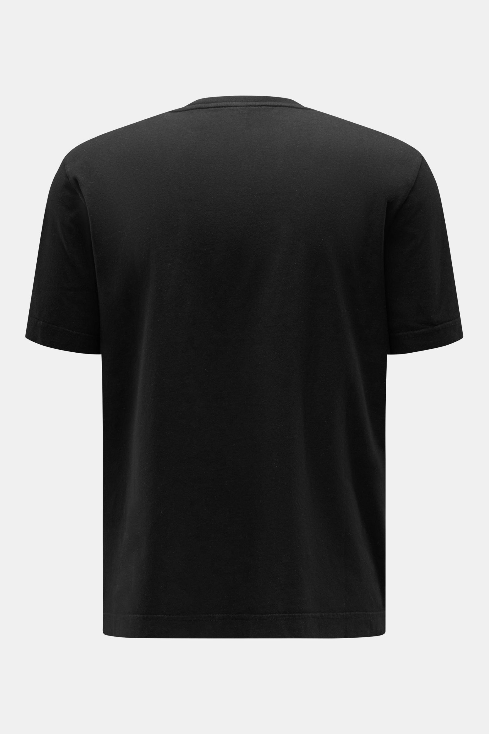 Rückansicht des schwarzen 04651/ A trip in a bag Rundhals-T-Shirts, Jersey aus reiner Baumwolle, weicher Griff, Regular Fit, Rundhalsausschnitt, kleines Weblabel, kurze Saumschlitze.