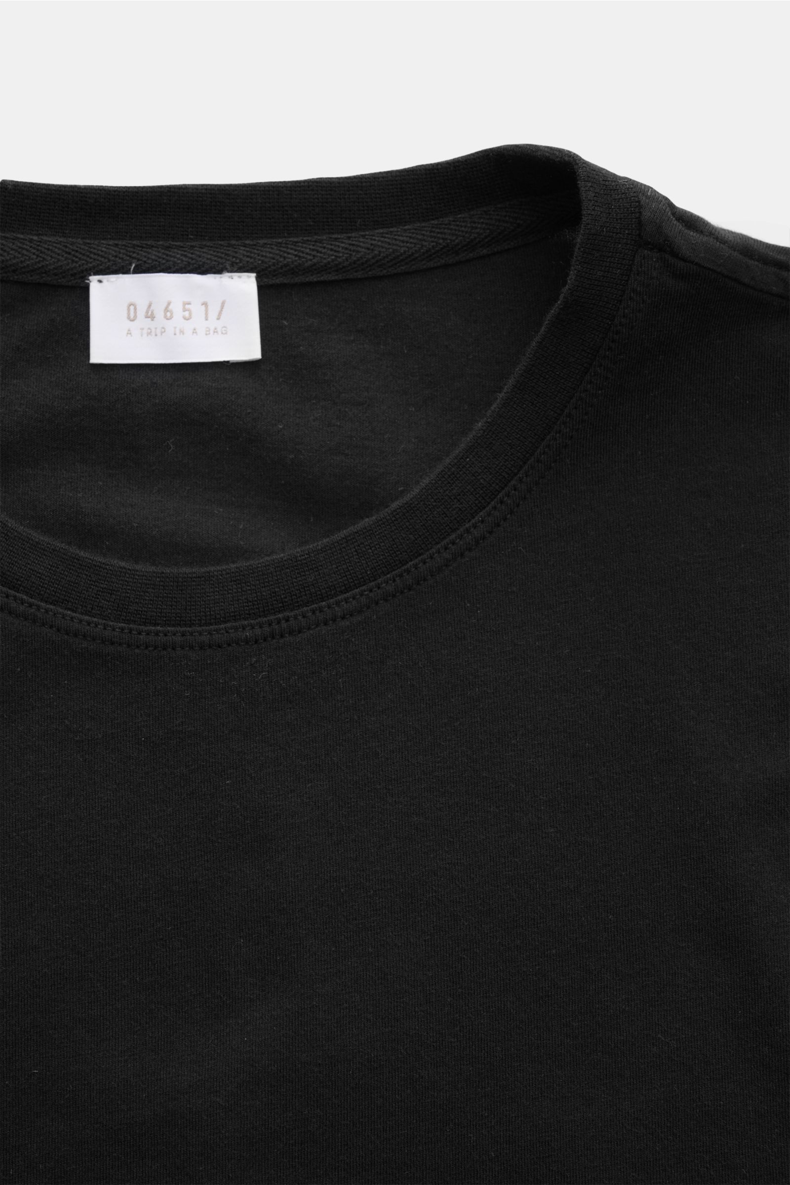 Nahaufnahme des schwarzen 04651/ A trip in a bag Rundhals-T-Shirts aus reiner Baumwolle, weicher Griff, Regular Fit, Rundhalsausschnitt, kleinem Weblabel und kurzen Saumschlitzen, frontal fotografiert.
