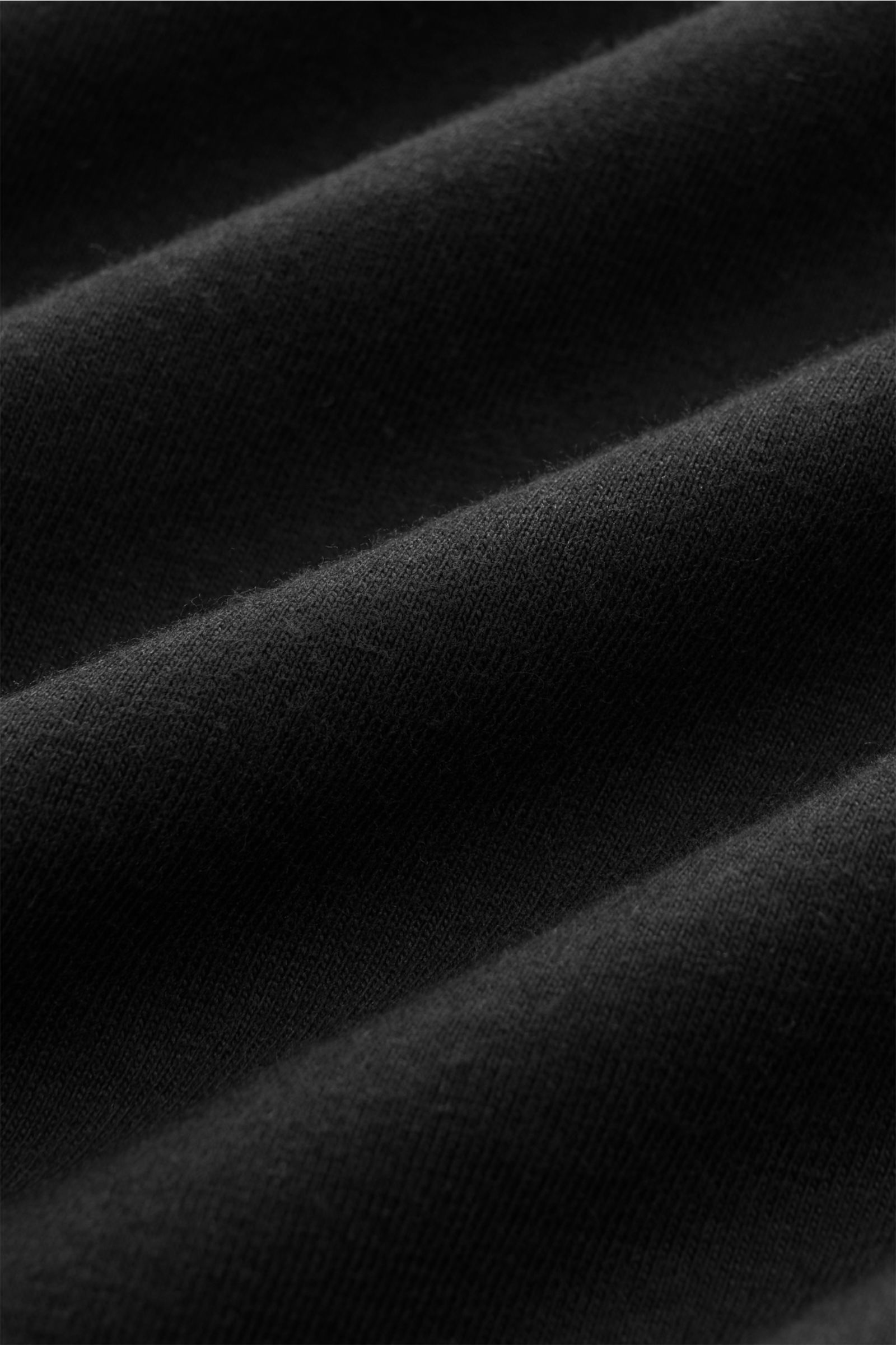 Schwarzer Jersey-Stoff mit feiner Struktur, Detailaufnahme des 04651/ A trip in a bag Rundhals-T-Shirt schwarz, reine Baumwolle, weicher Griff, Regular Fit.