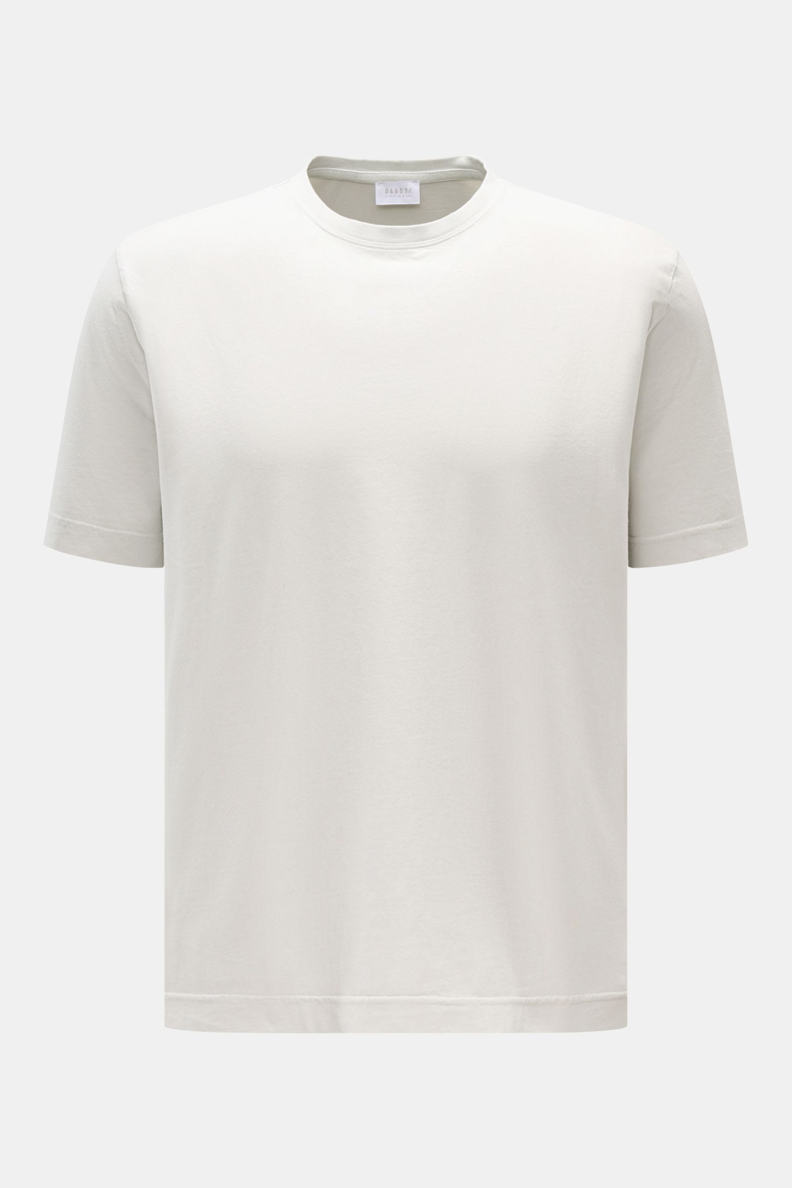 Frontale Nahaufnahme des hellgrauen 04651/ A trip in a bag Rundhals-T-Shirts aus Jersey, reine Baumwolle, weicher Griff, Regular Fit, Rundhalsausschnitt, kleines Weblabel.