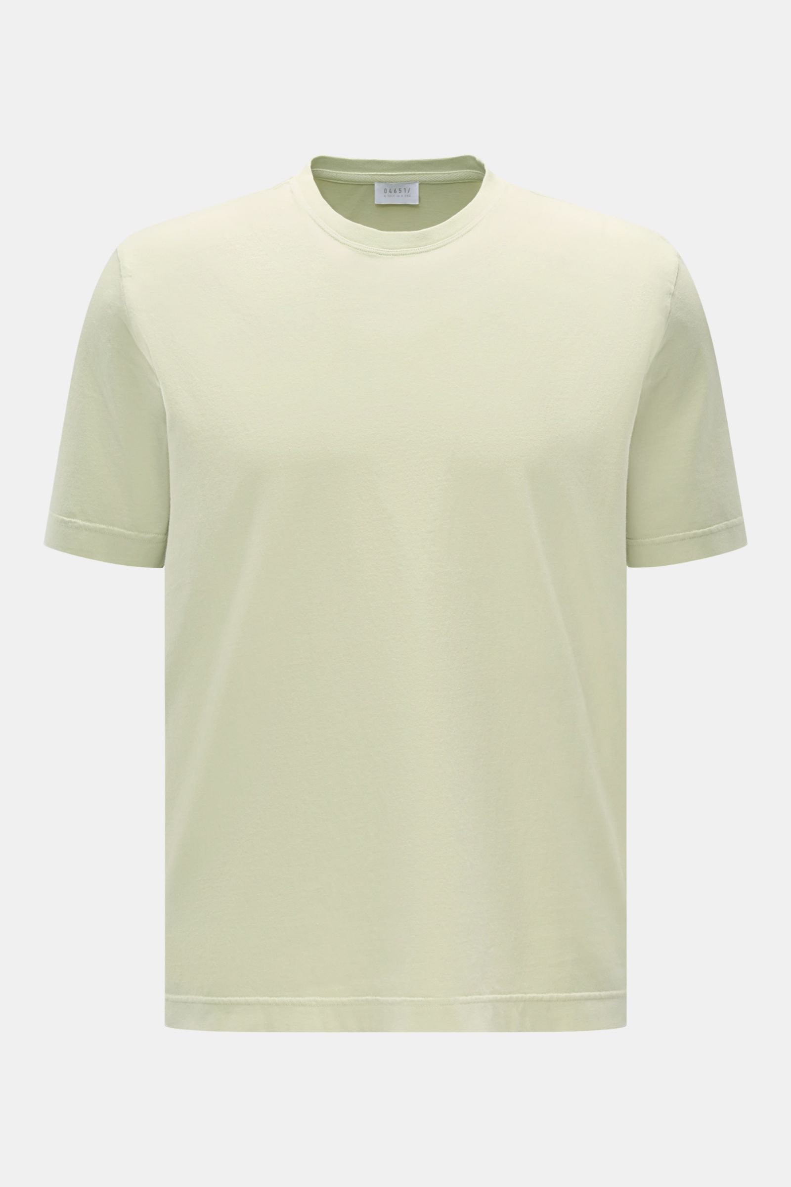 04651/ A trip in a bag Rundhals-T-Shirt pastellgrün, frontal fotografiert, Jersey aus reiner Baumwolle, weicher Griff, Regular Fit, Rundhalsausschnitt, kleines Weblabel.