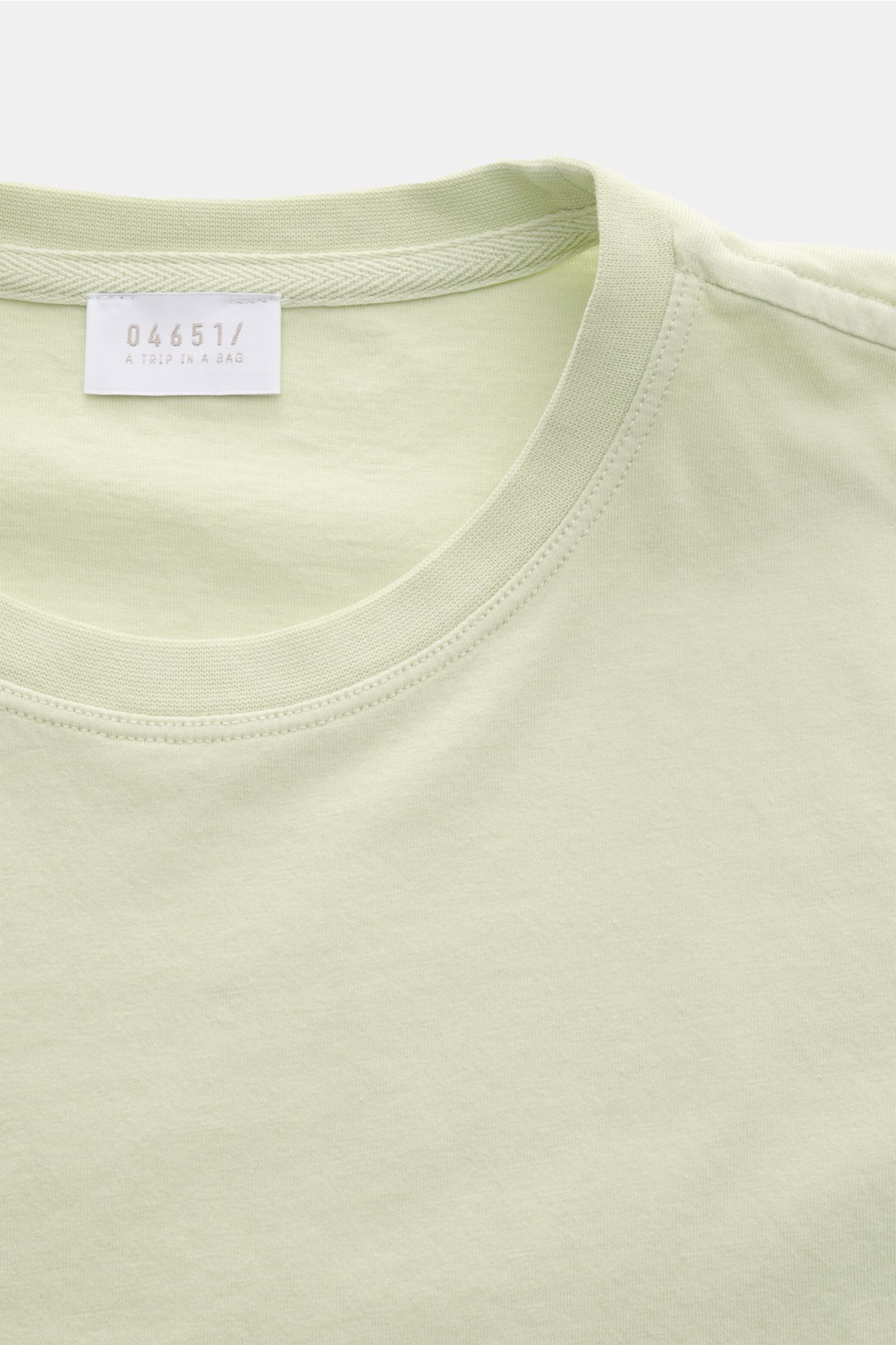 Nahaufnahme von 04651/ A trip in a bag Rundhals-T-Shirt pastellgrün, Jersey aus reiner Baumwolle, weicher Griff, Regular Fit, Rundhalsausschnitt, kleines Weblabel.