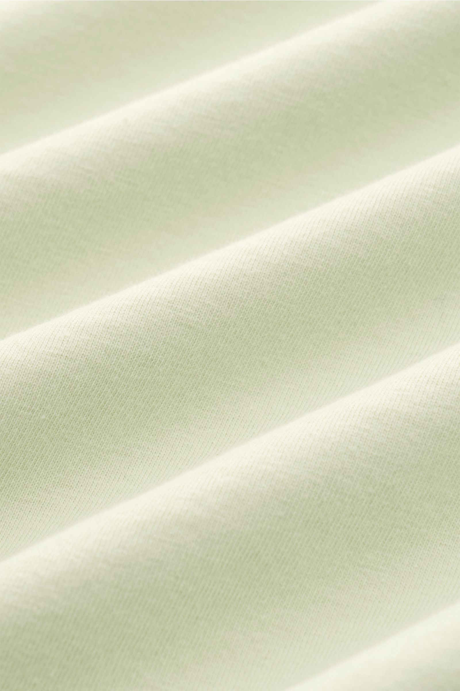 Nahaufnahme des Stoffes vom 04651/ A trip in a bag Rundhals-T-Shirt pastellgrün, Jersey aus reiner Baumwolle, weicher Griff, Regular Fit, Rundhalsausschnitt, kleines Weblabel.