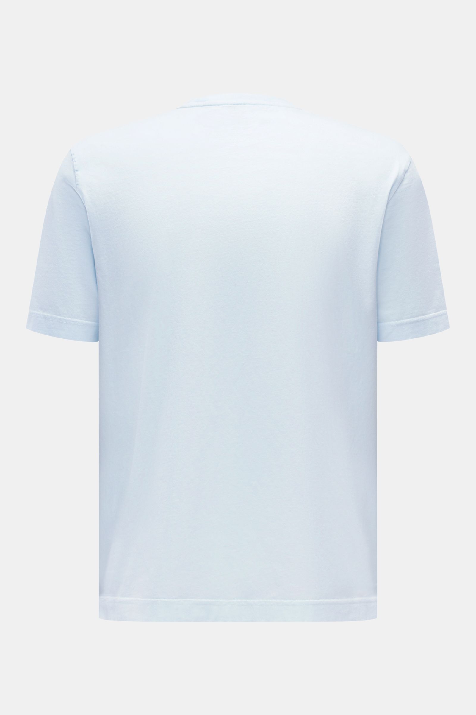 Rückansicht des pastellblauen 04651/ A trip in a bag Rundhals-T-Shirts, Jersey aus reiner Baumwolle, weicher Griff, Regular Fit, Rundhalsausschnitt, kleines Weblabel.