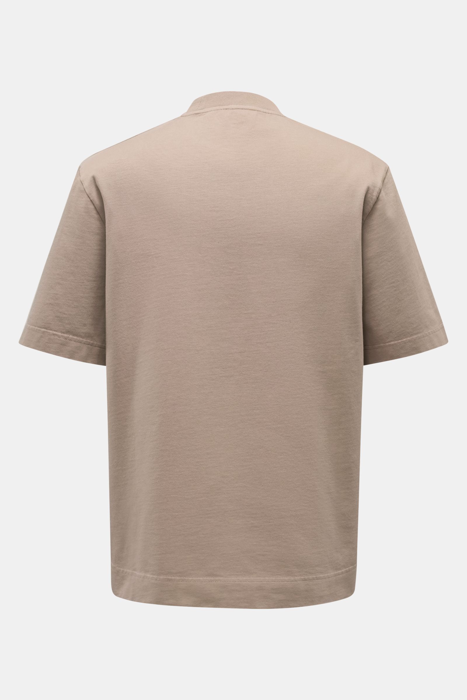04651/ A trip in a bag Rundhals-T-Shirt taupe, Rückansicht, robustes Basic aus schwerem Baumwoll-Jersey, Regular Fit, kleines Weblabel.