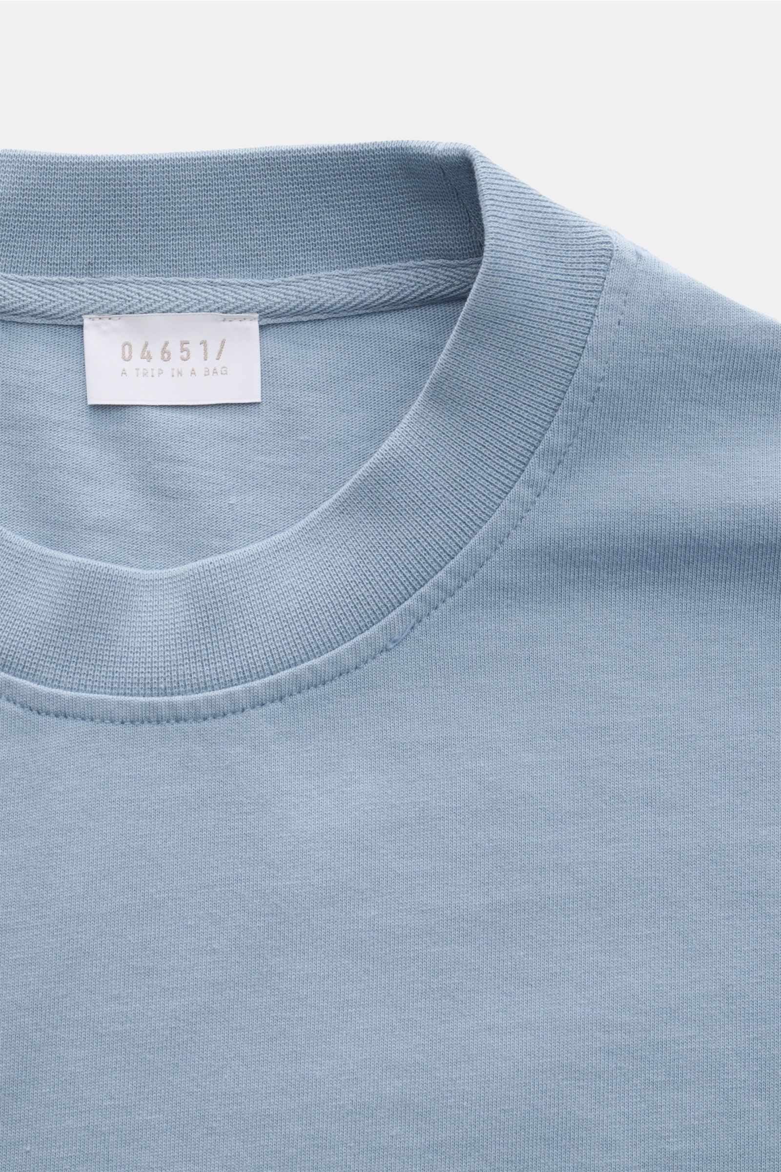 Close-up front view of the 04651/ A trip in a bag Crew neck T-shirt smoky blue, made of heavy pure cotton jersey with a small woven label, regular fit, and slightly robust texture, perfect for urban daily looks.