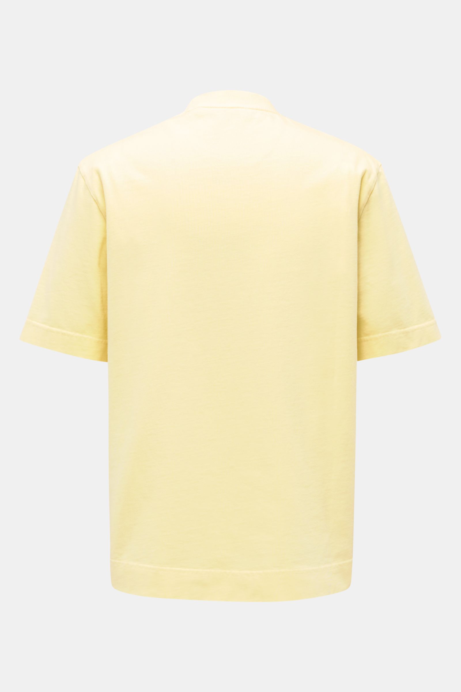 04651/ A trip in a bag Rundhals-T-Shirt pastellgelb, Rückansicht, robustes Basic aus schwerem Baumwoll-Jersey, Regular Fit, kleines Weblabel.