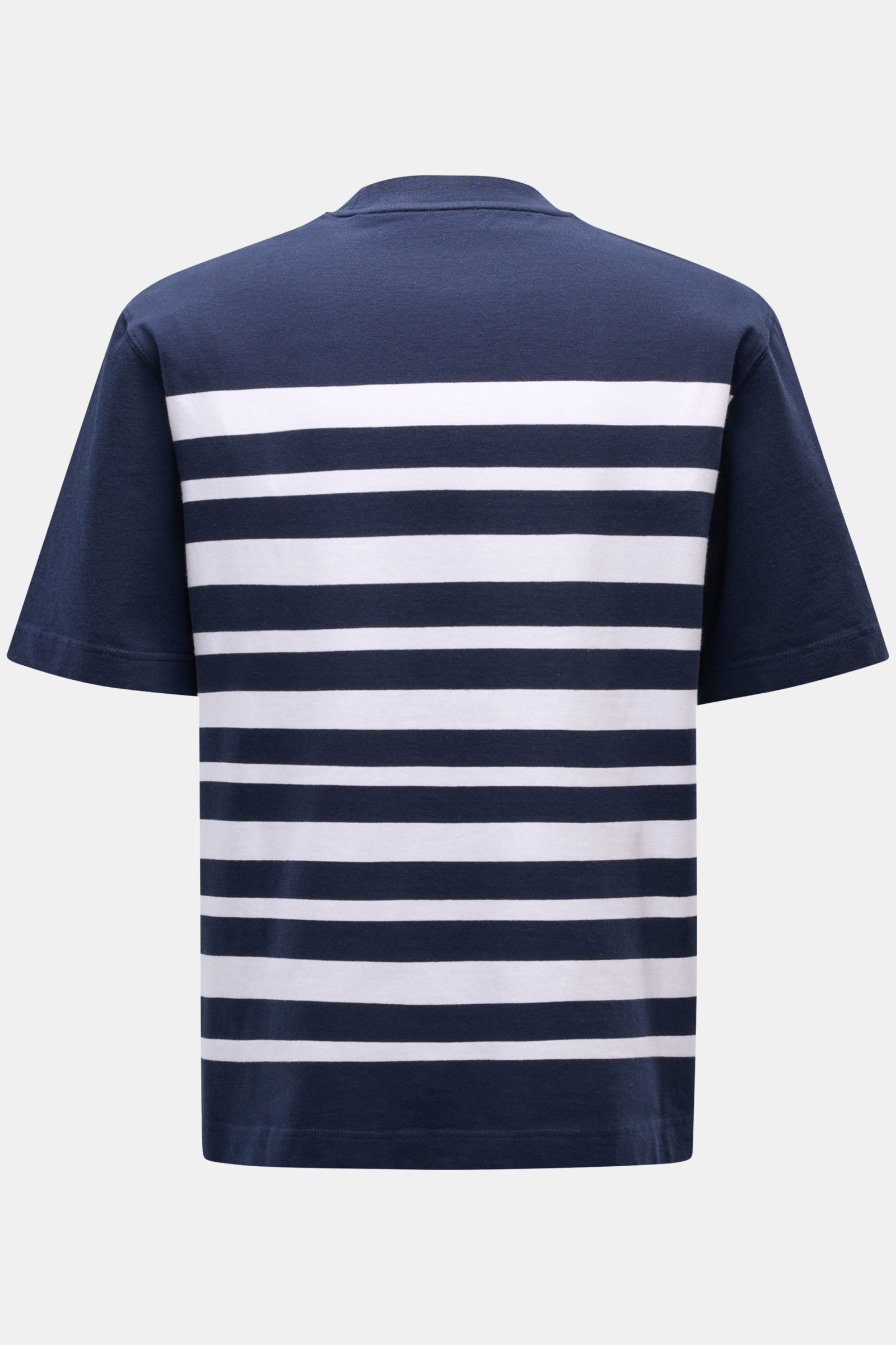 04651/ A trip in a bag Rundhals-T-Shirt 'Nunu' navy/weiß gestreift, Rückansicht, schwere Baumwolle, weicher Griff, Regular Fit, klassisches Streifenmuster, kleines Weblabel.