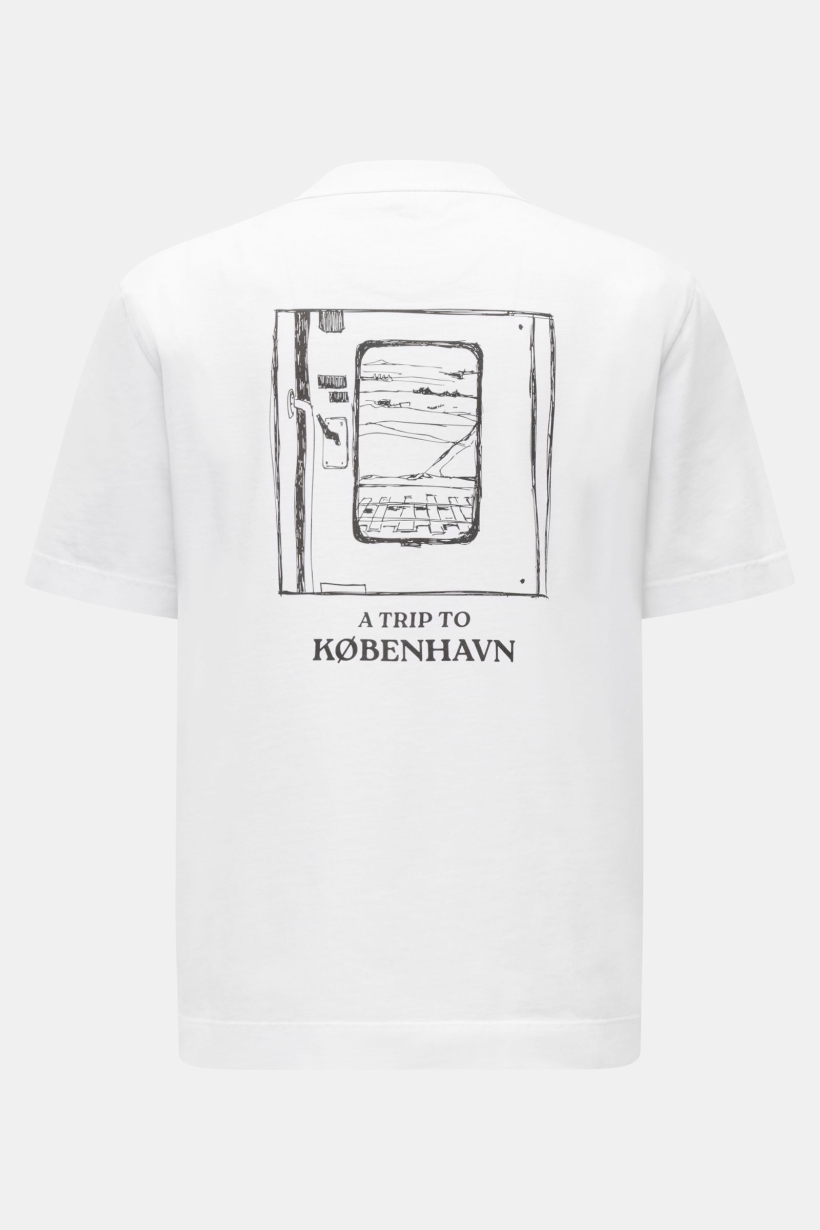 Rückansicht des weißen 04651/ A trip in a bag T-Shirts 'Nunu' mit Kopenhagen-Print, Regular Fit, Rundhals, weiche Baumwolle.