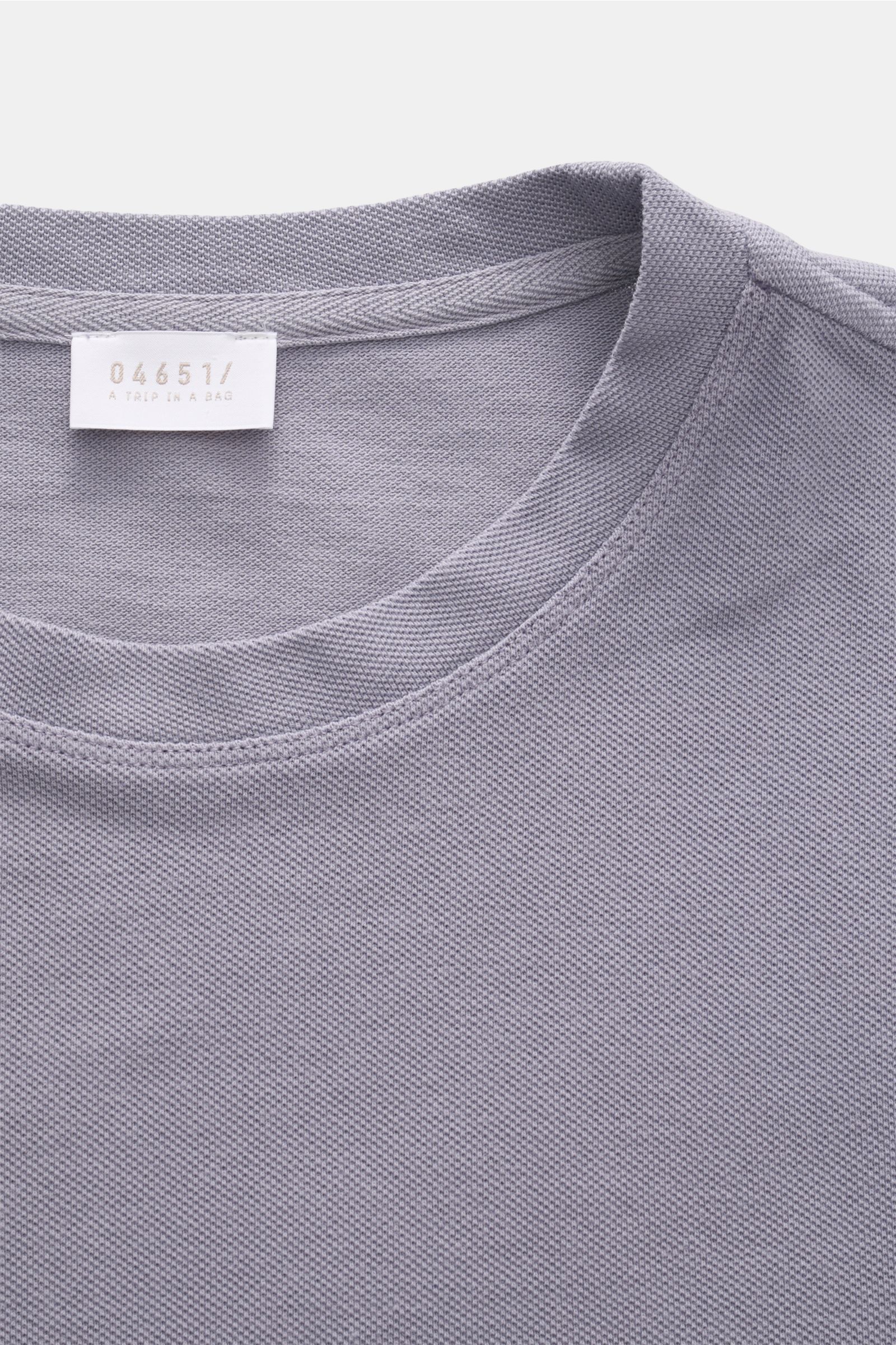 Close-up front view of the 04651/ A trip in a bag Piqué T-shirt lavender showing the crew neck and woven label.

Description:
Summer essential: This piqué T-shirt from 04651/ A TRIP IN A BAG is a versatile staple that's perfect for warm days.

