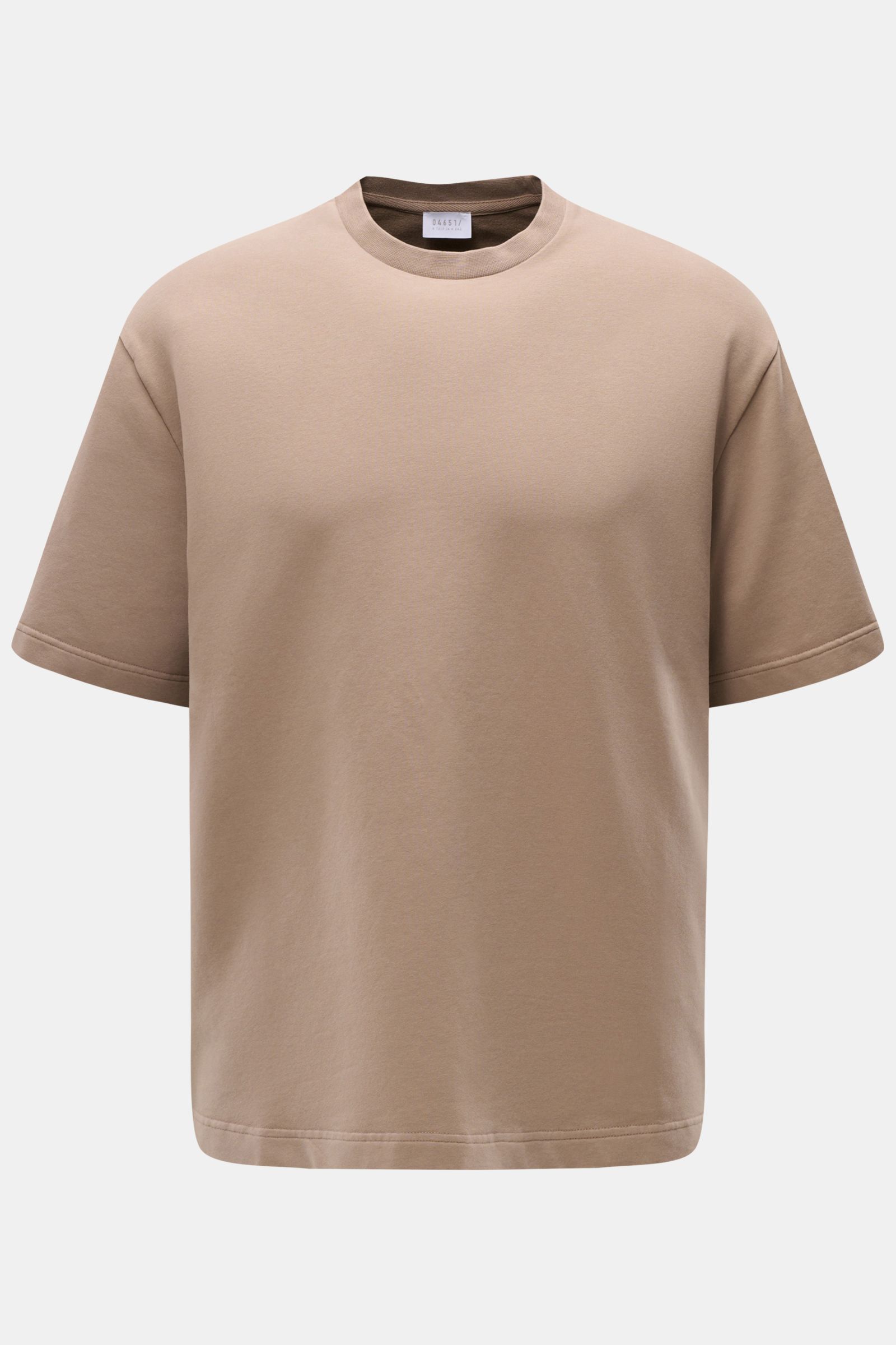 Front view of the 04651/ A trip in a bag Crew neck T-shirt 'If Tee' taupe, a relaxed oversized cotton tee with heavy fabric and soft feel.