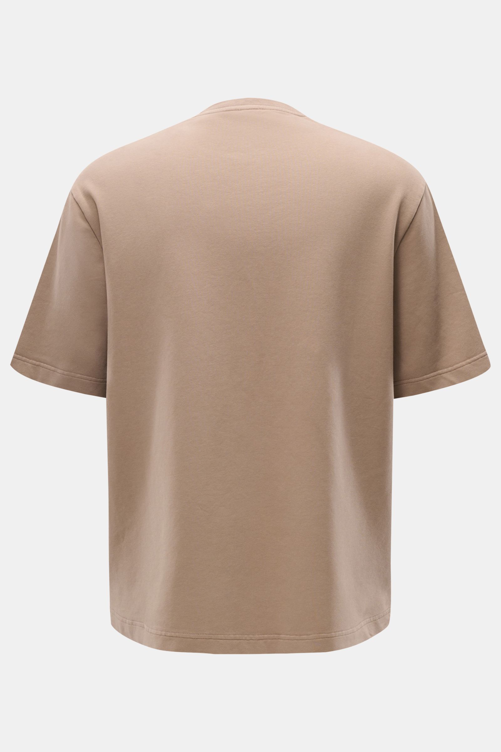 Rear view of the 04651/ A trip in a bag Crew neck T-shirt 'If Tee' taupe in oversized fit, elasticated cotton jersey.

The uncomplicated cotton T-shirt 'IF Tee' by 04651/ A TRIP IN A BAG is a core basic for the new season that give us a taste of a rela