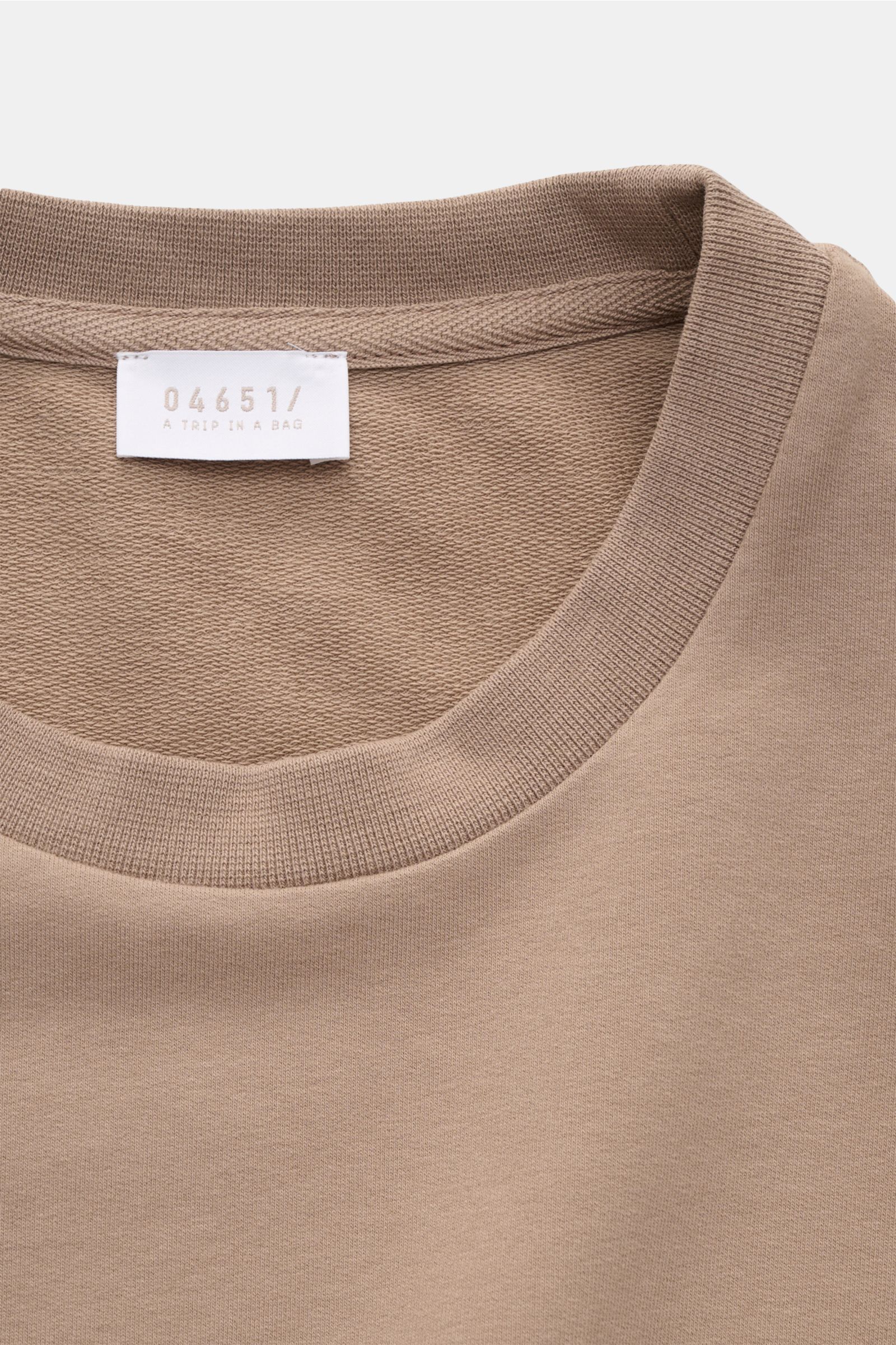 Close-up front view of the taupe 04651/ A trip in a bag Crew neck T-shirt 'If Tee' showing ribbed crew neck and inside label.

The uncomplicated cotton T-shirt 'IF Tee' by 04651/ A TRIP IN A BAG is a core basic for the new season that give us a taste o