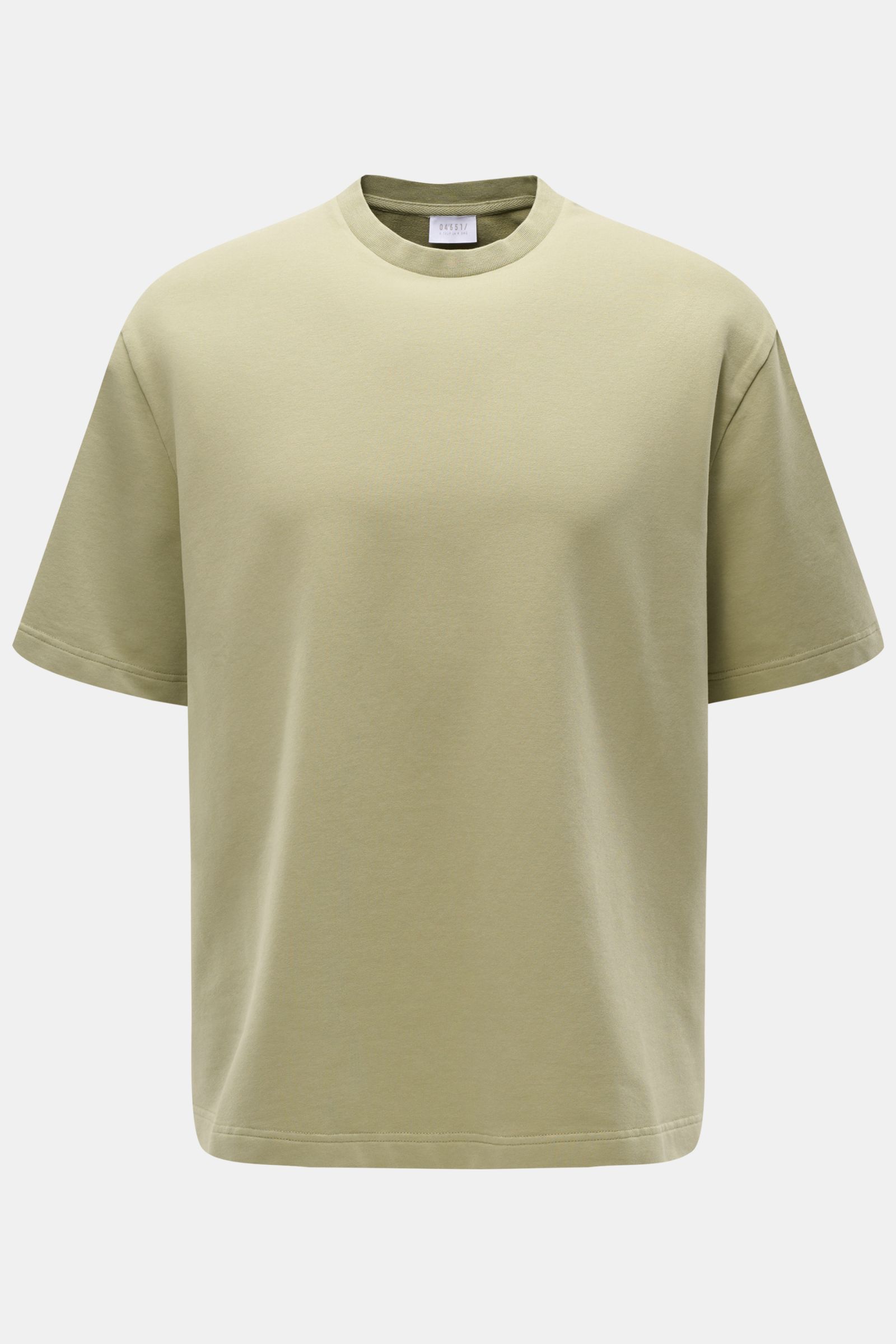 04651/ A trip in a bag Crew neck T-shirt 'If Tee' sage shown from front, oversized fit, elasticated cotton jersey, very soft, heavy fabric.