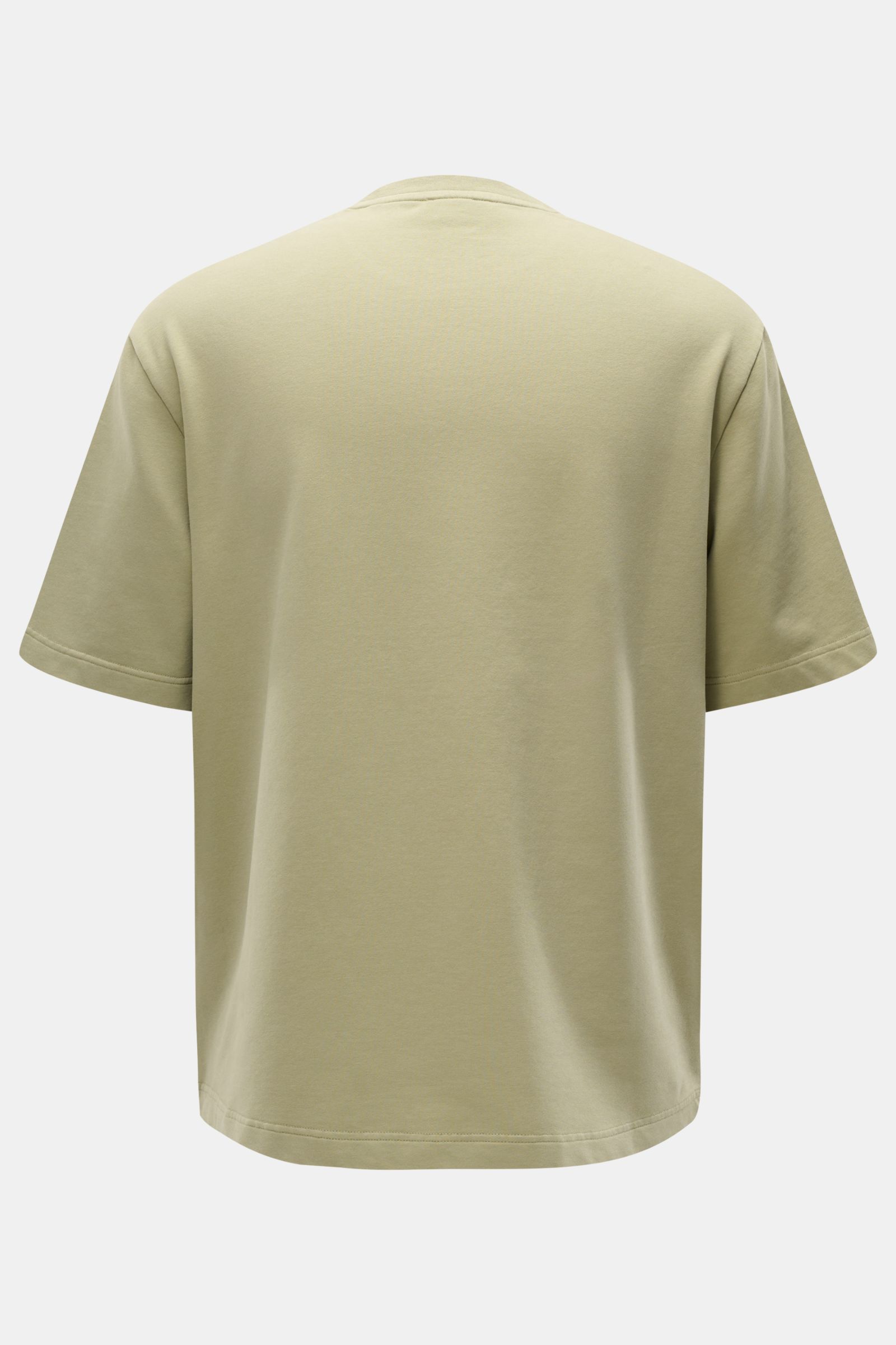 Back view of the 04651/ A trip in a bag Crew neck T-shirt 'If Tee' sage, oversized fit, heavy elasticated cotton jersey.

The uncomplicated cotton T-shirt 'IF Tee' by 04651/ A TRIP IN A BAG is a core basic for the new season that give us a taste of a r