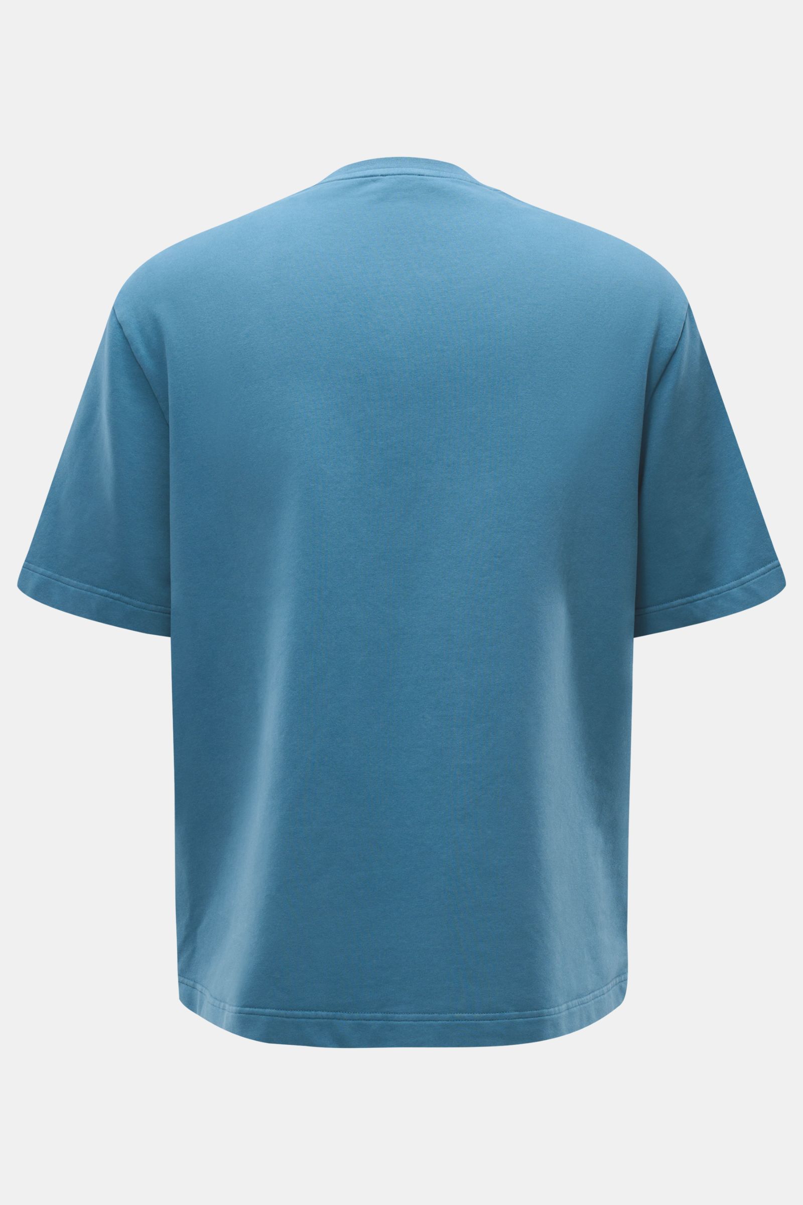 Back view of the 04651/ A trip in a bag Crew neck T-shirt 'If Tee' teal, made of elasticated cotton jersey, oversized fit, heavy fabric, soft feel.