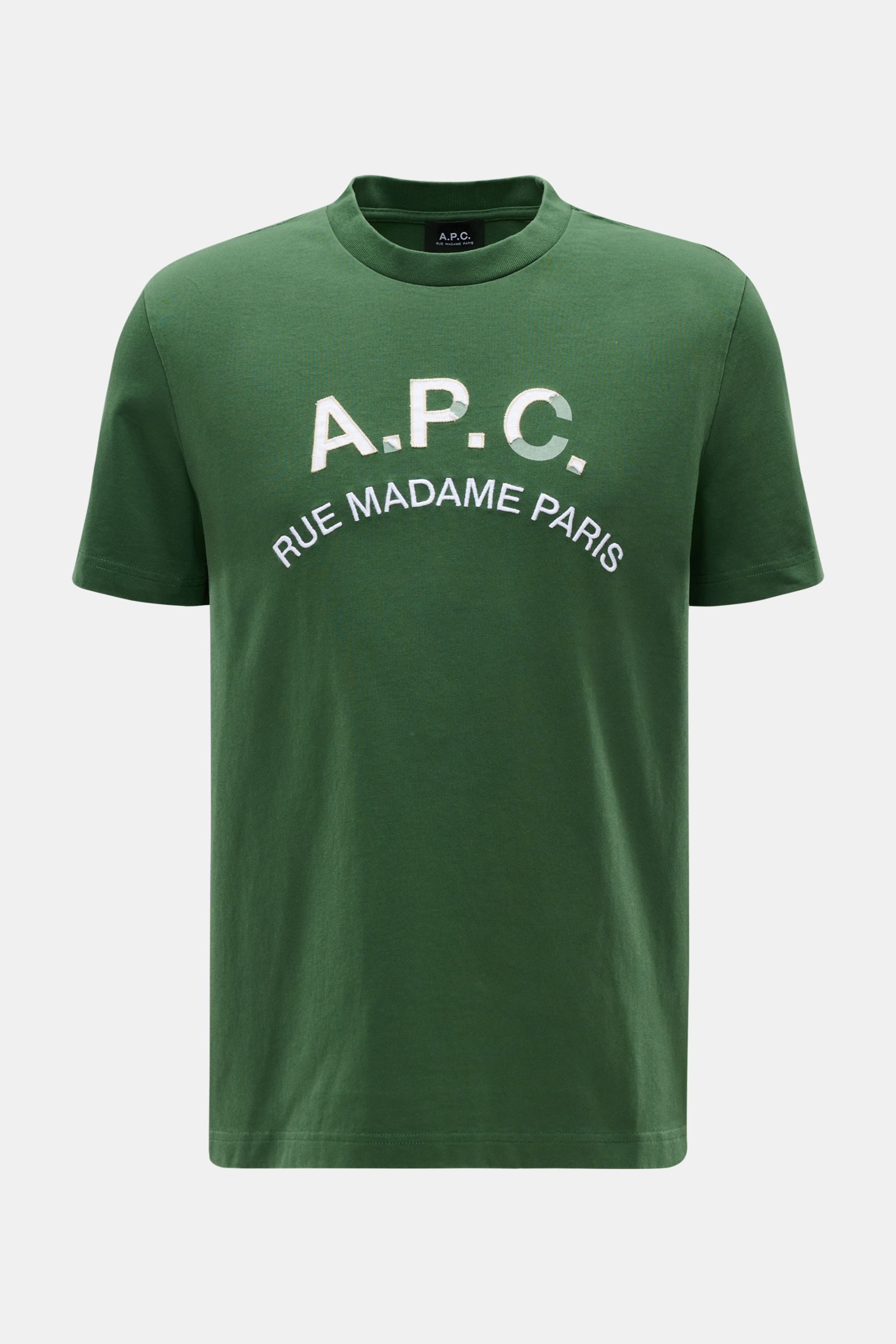 Front view of A.P.C. Rundhals-T-Shirt dunkelgrün, made of soft pure cotton jersey with a regular fit and round neckline, featuring vintage-style A.P.C. logo stitching on the chest.

Description: Legere Sommerlooks von A.P.C.: Aus weichem Baumwoll-Jerse