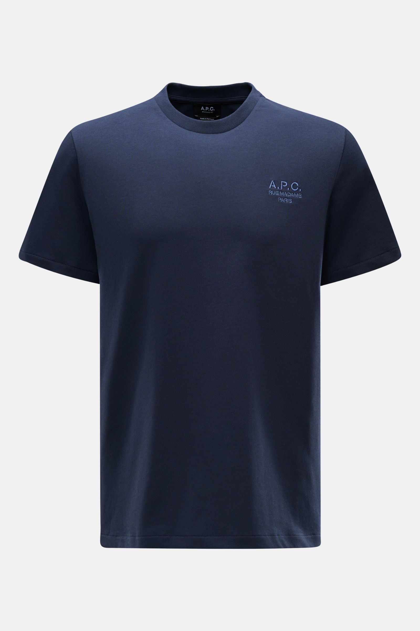 A.P.C. Rundhals-T-Shirt 'Standard Rue Madame' dunkelblau, frontal fotografiert, weicher Baumwoll-Jersey, Regular Fit, Logo-Stickerei Brust