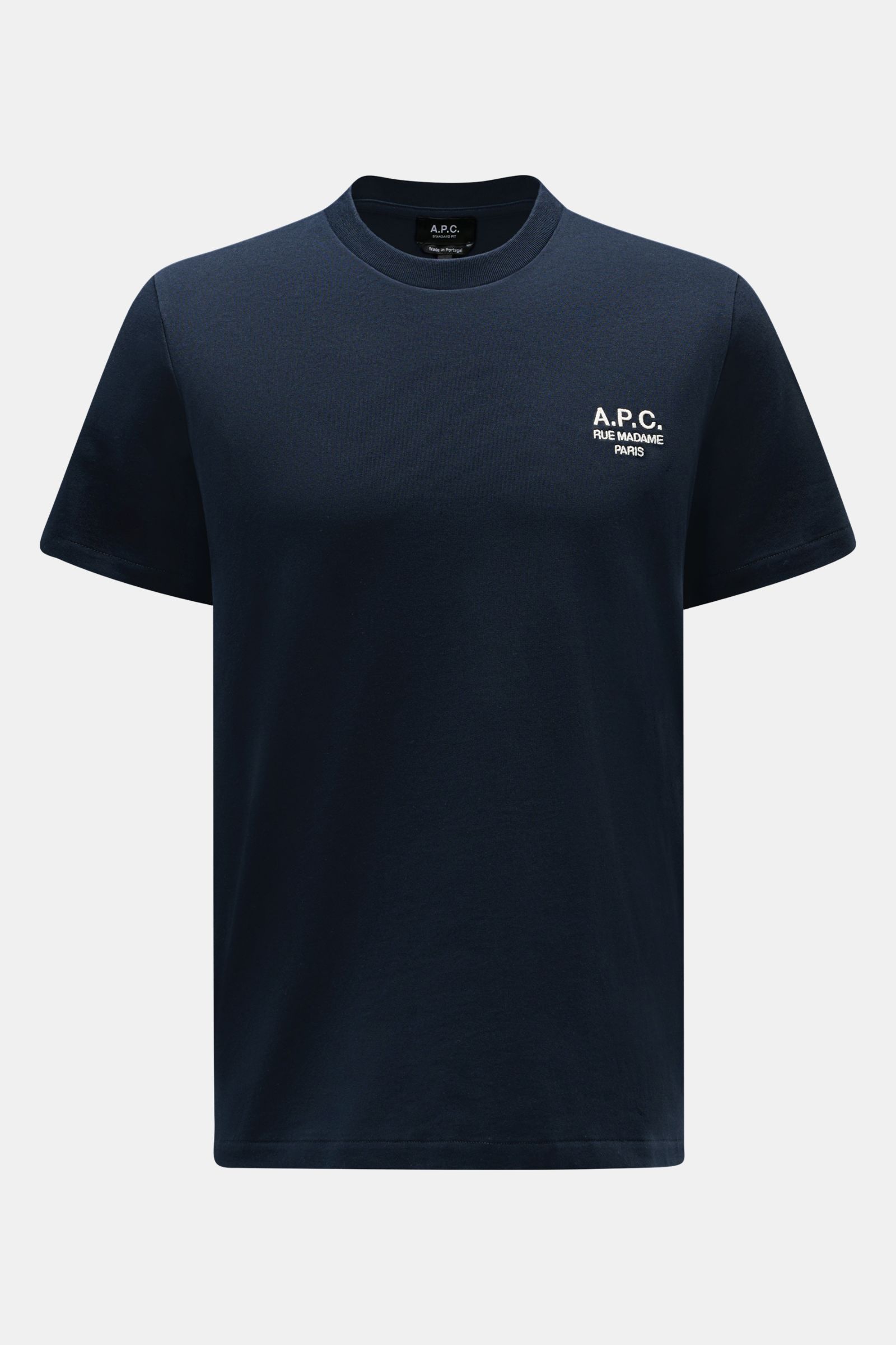A.P.C. Rundhals-T-Shirt 'Standard Rue Madame' navy, frontal fotografiert, aus weichem Baumwoll-Jersey mit Logo-Stickerei auf der Brust.