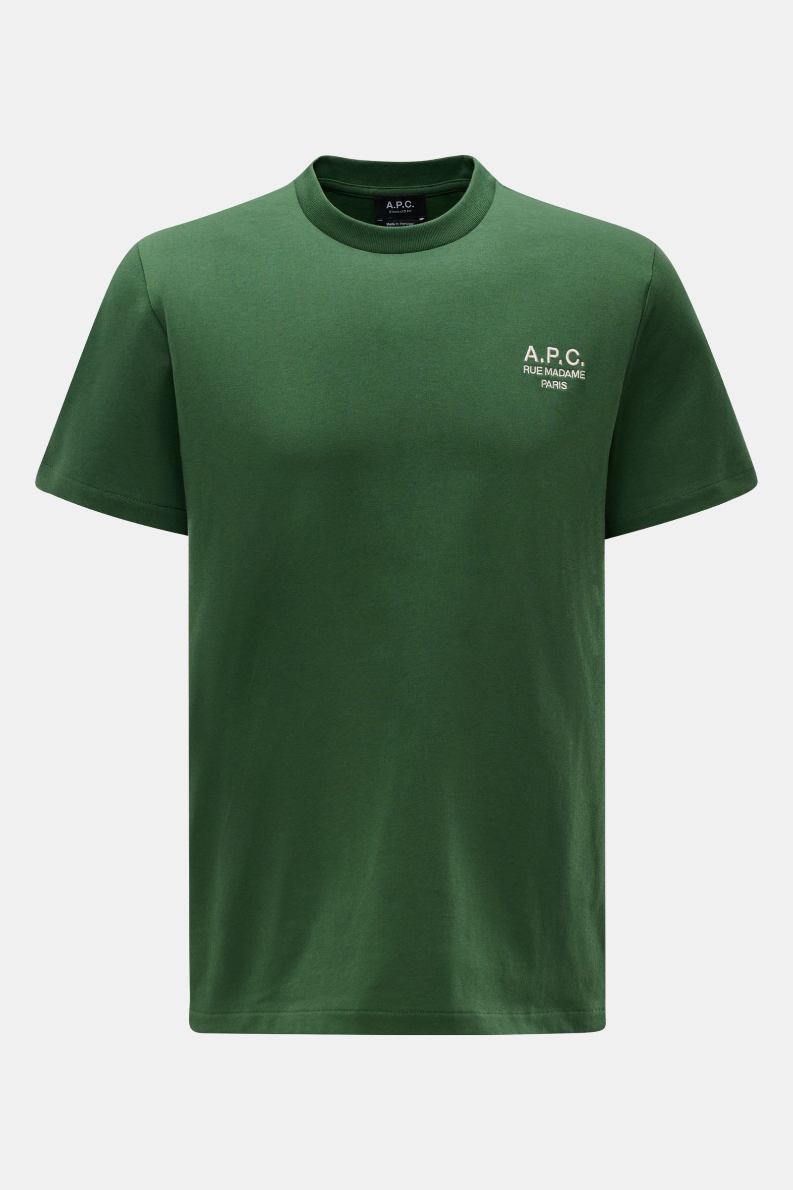A.P.C. Rundhals-T-Shirt 'Standard Rue Madame' grün, frontal, aus weichem Baumwoll-Jersey mit Logo-Stickerei auf der Brust.