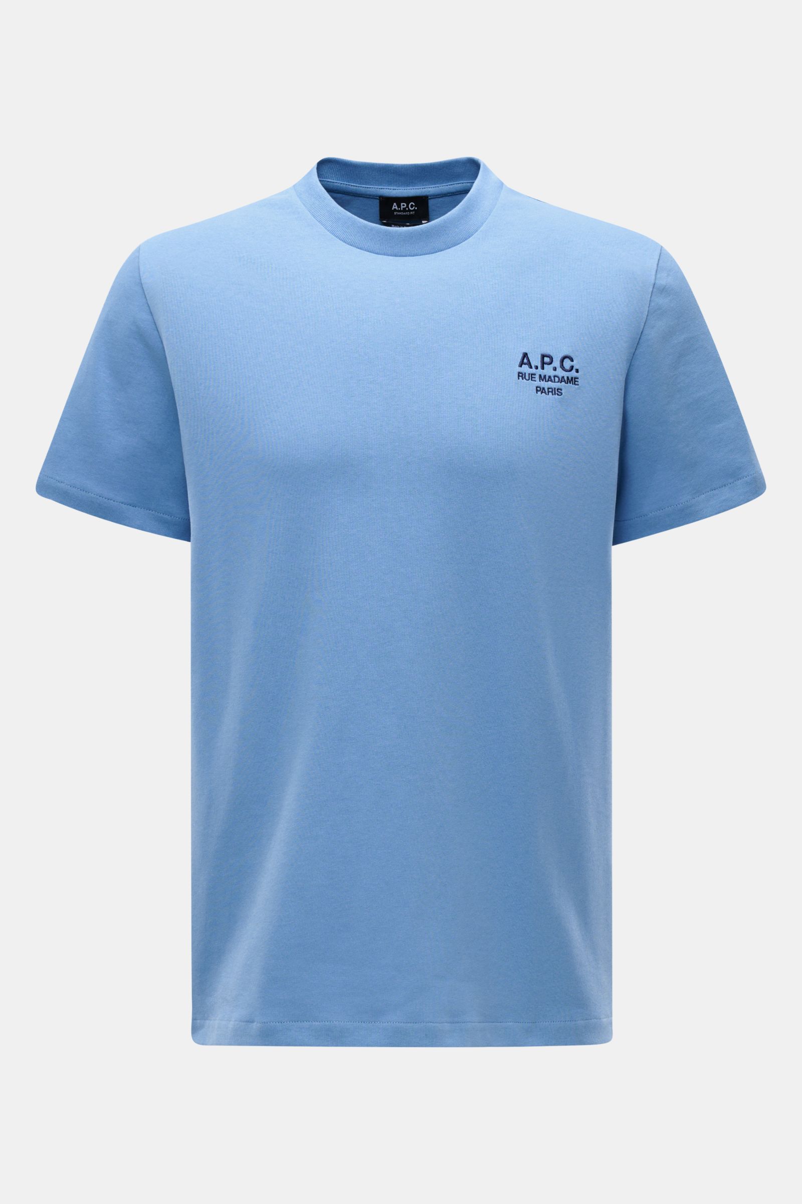 A.P.C. Rundhals-T-Shirt 'Standard Rue Madame' blau, Frontansicht, aus weichem Baumwoll-Jersey, Regular Fit mit Logo-Stickerei auf der Brust.