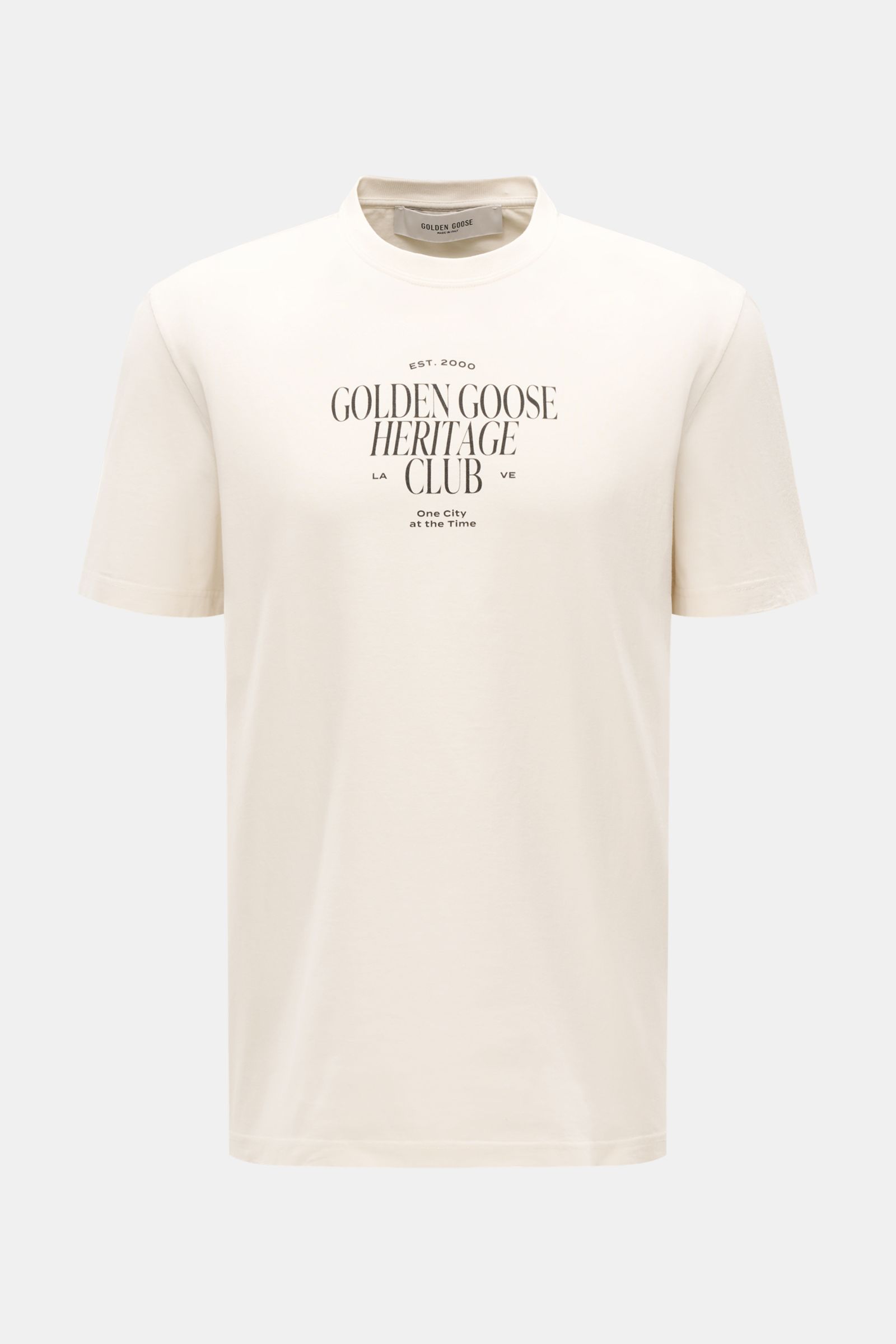 Alt tag (125 characters max): Front view of Golden Goose Rundhals-T-Shirt creme with logo print, round neckline, regular fit, and cream cotton fabric.

Additional description:  
Urbaner Eyecatcher: Das T-Shirt von GOLDEN GOOSE ergänzt Sommerlooks mit m