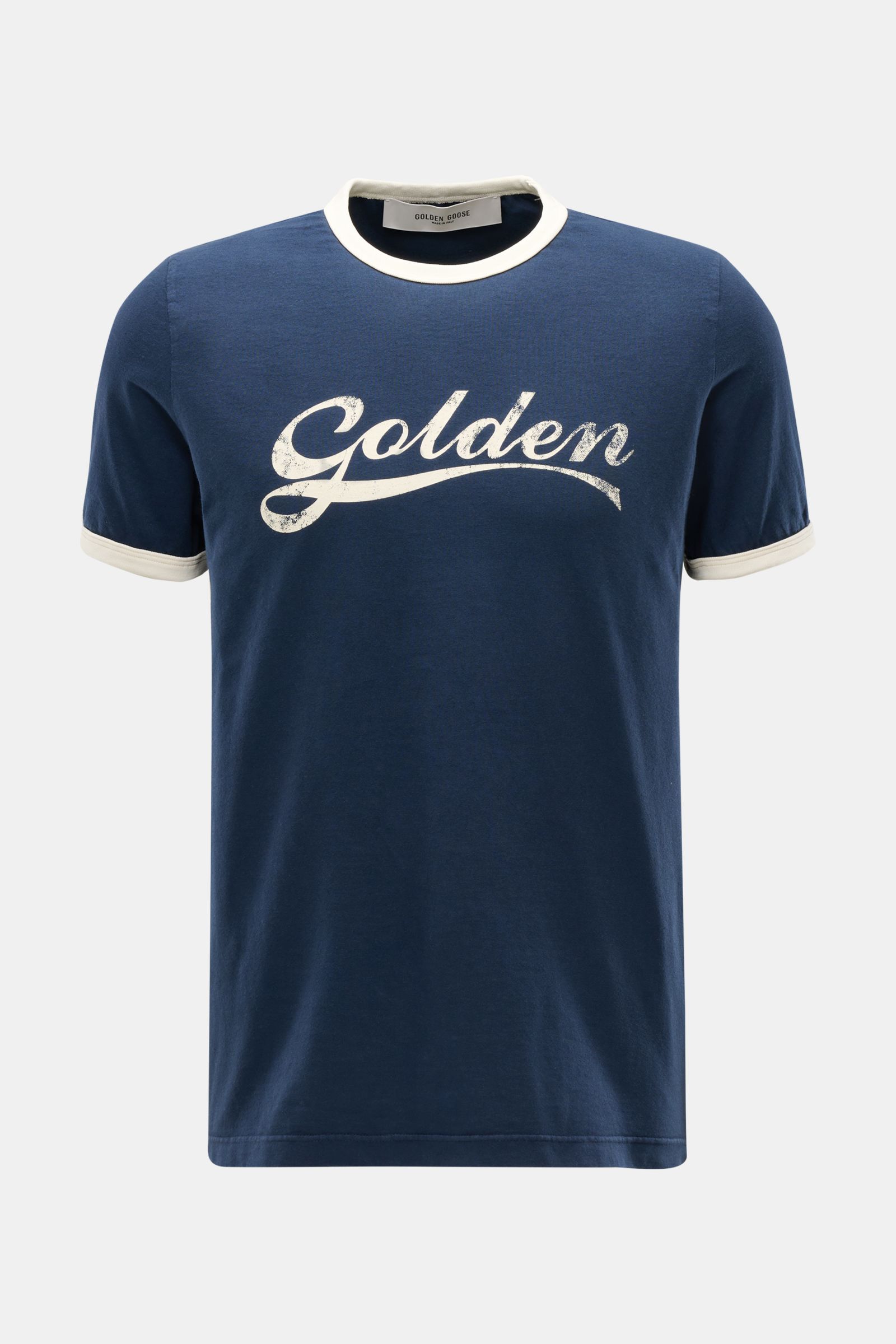 Golden Goose Rundhals-T-Shirt navy/creme shown from the front, navy blue with cream collar and sleeve edges, white 'Golden' print on front. Retro-Sportswear neu interpretiert: Das T-Shirt von GOLDEN GOOSE sorgt mit markantem Print für legere Sommerlook
