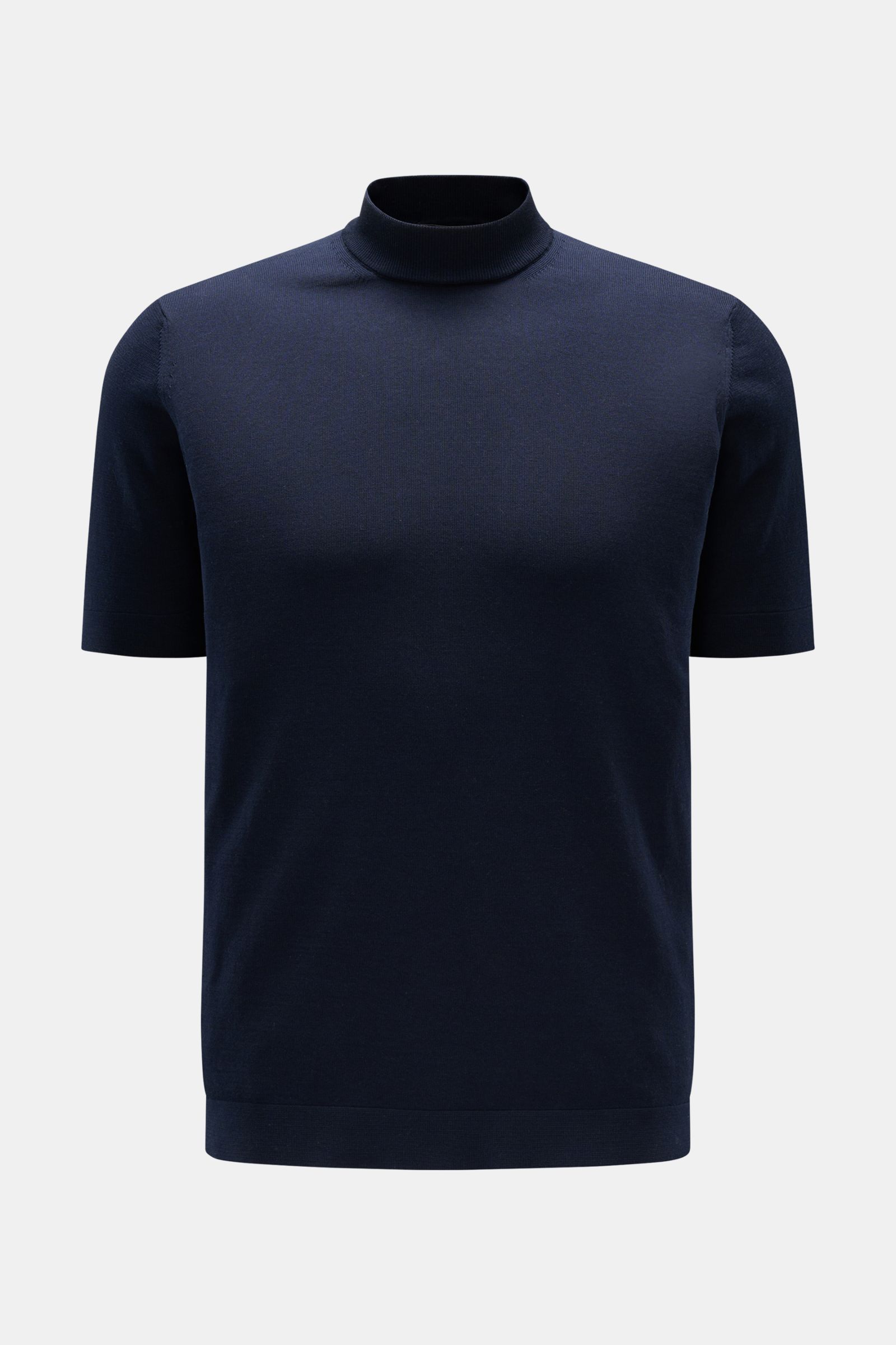 Filippo de Laurentiis Kurzarmpullover navy, Slim Fit, Stehkragen, reine Baumwolle, weicher Griff, feines Strickbild, frontal fotografiert.