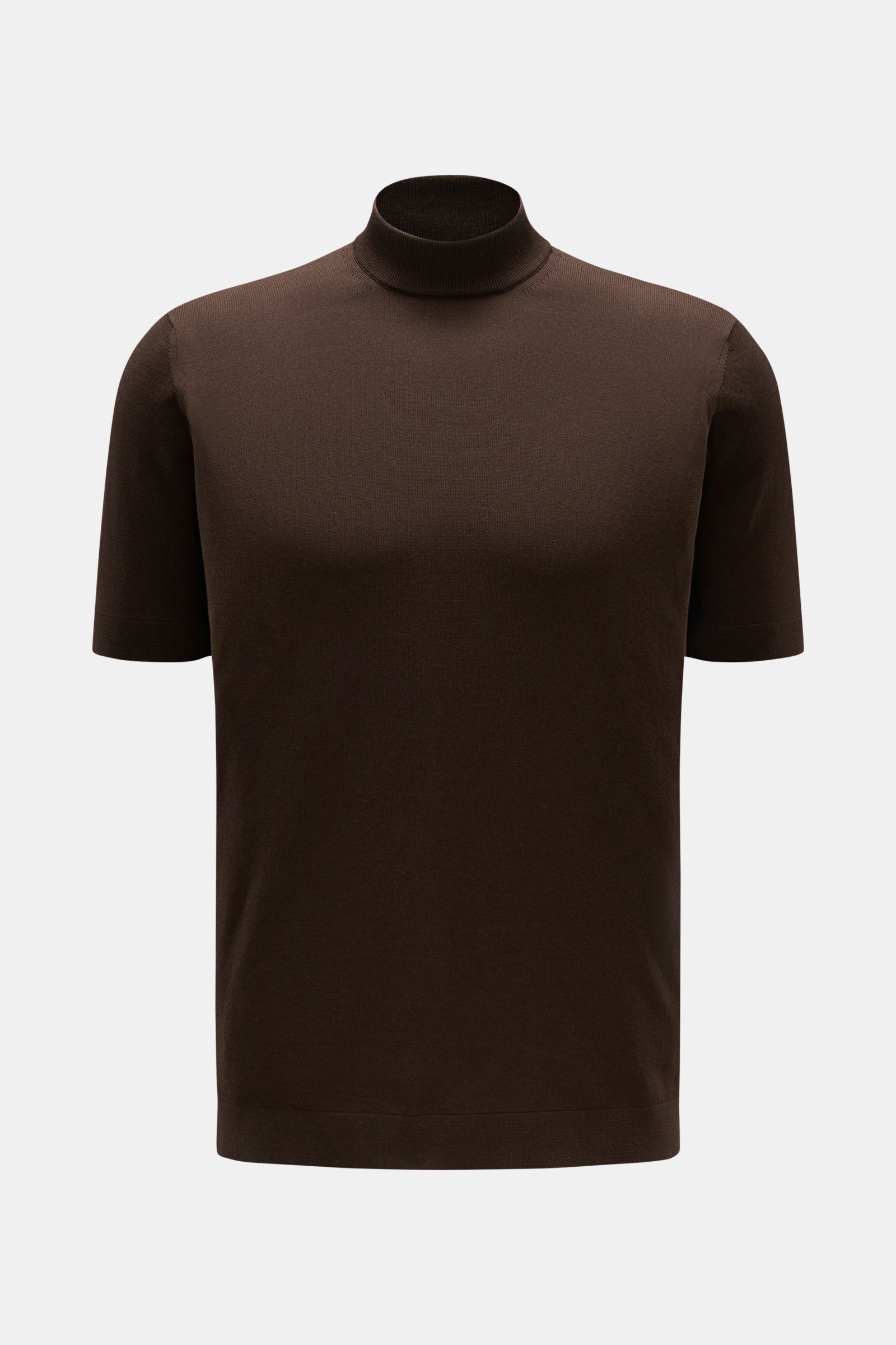 Filippo de Laurentiis Kurzarmpullover dunkelbraun, frontale Aufnahme, Slim Fit, Stehkragen, weiche reine Baumwolle, feines Strickbild.