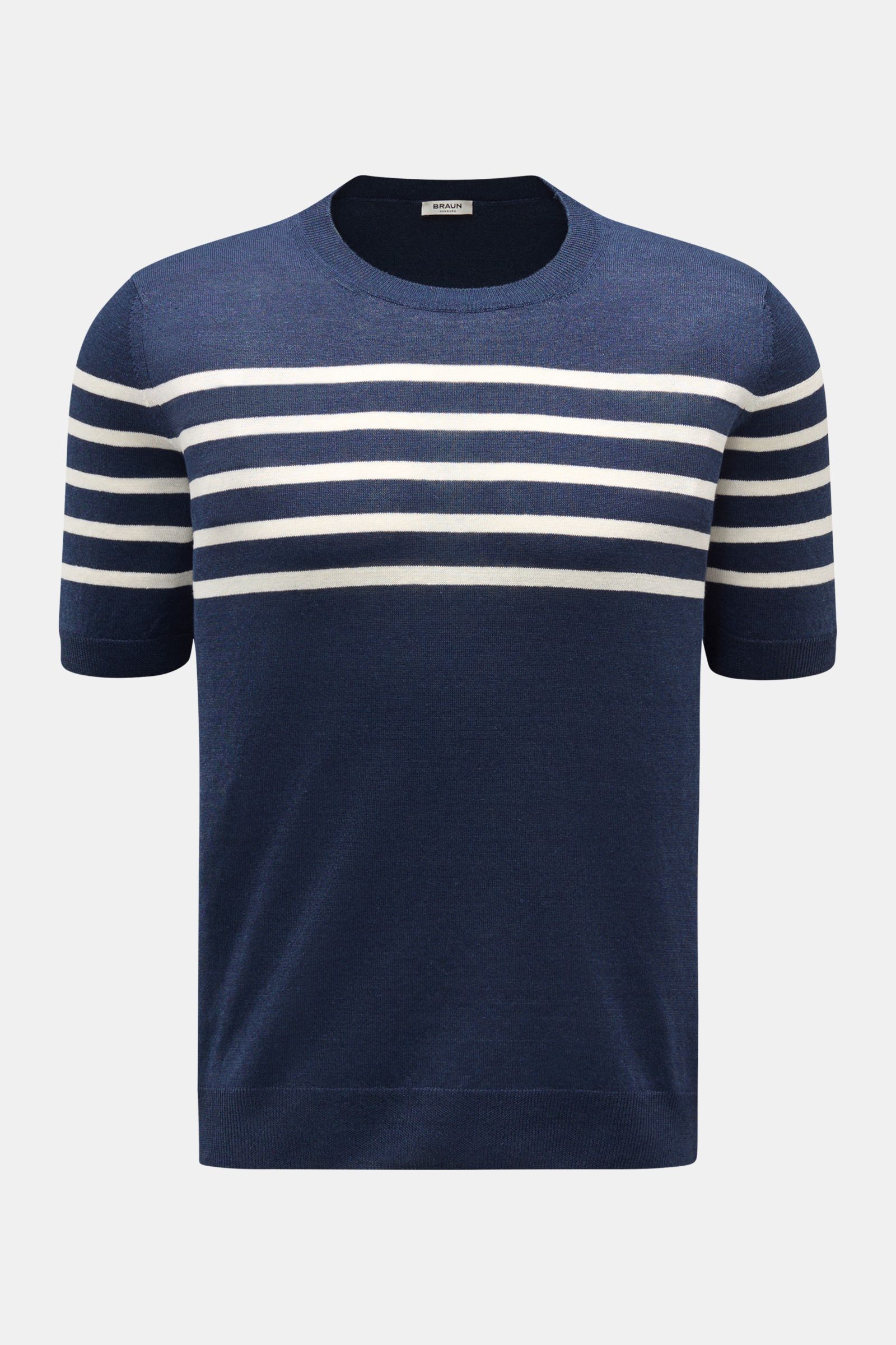 Gran Sasso Kurzarmpullover navy/offwhite gestreift, frontale Ansicht, Leinen-Baumwoll-Mix, weicher Griff, Rundhalsausschnitt, flexible Rippbündchen, maritimes Streifenmuster.