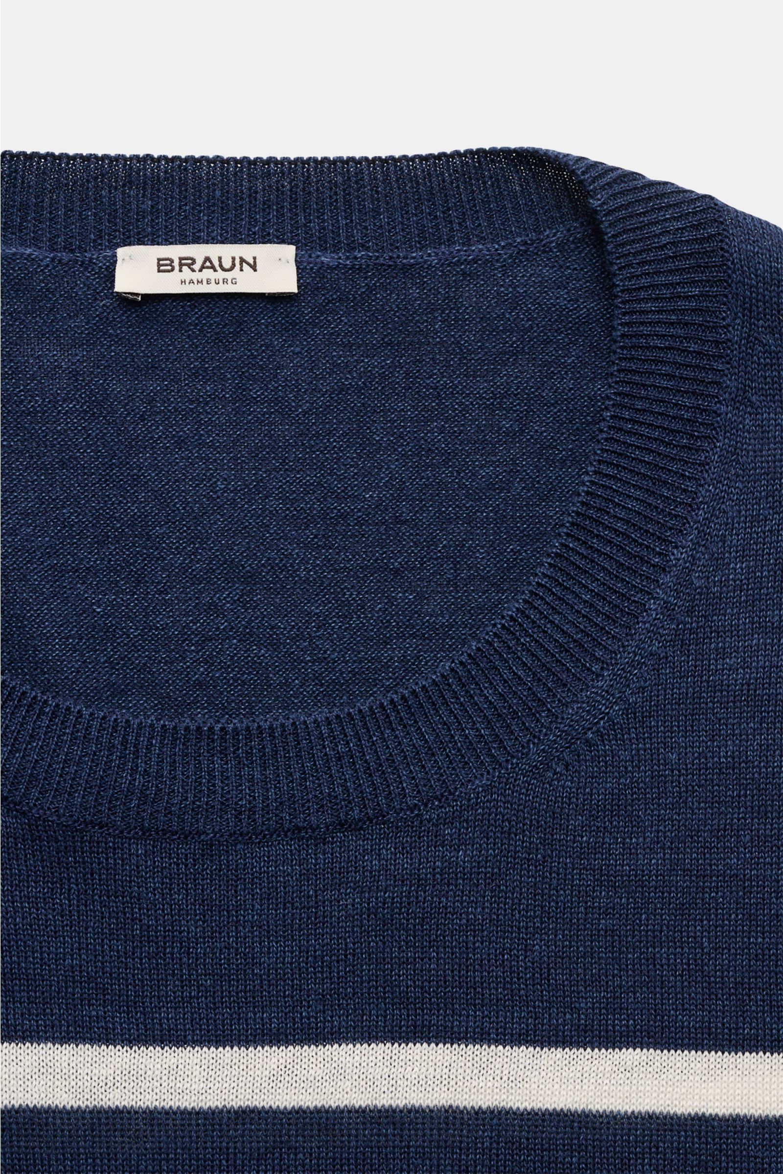 Gran Sasso Kurzarmpullover navy/offwhite gestreift, Front nah, Leinen-Baumwoll-Mix, weicher Griff, Rundhalsausschnitt, feines Strickbild, Rippbündchen.