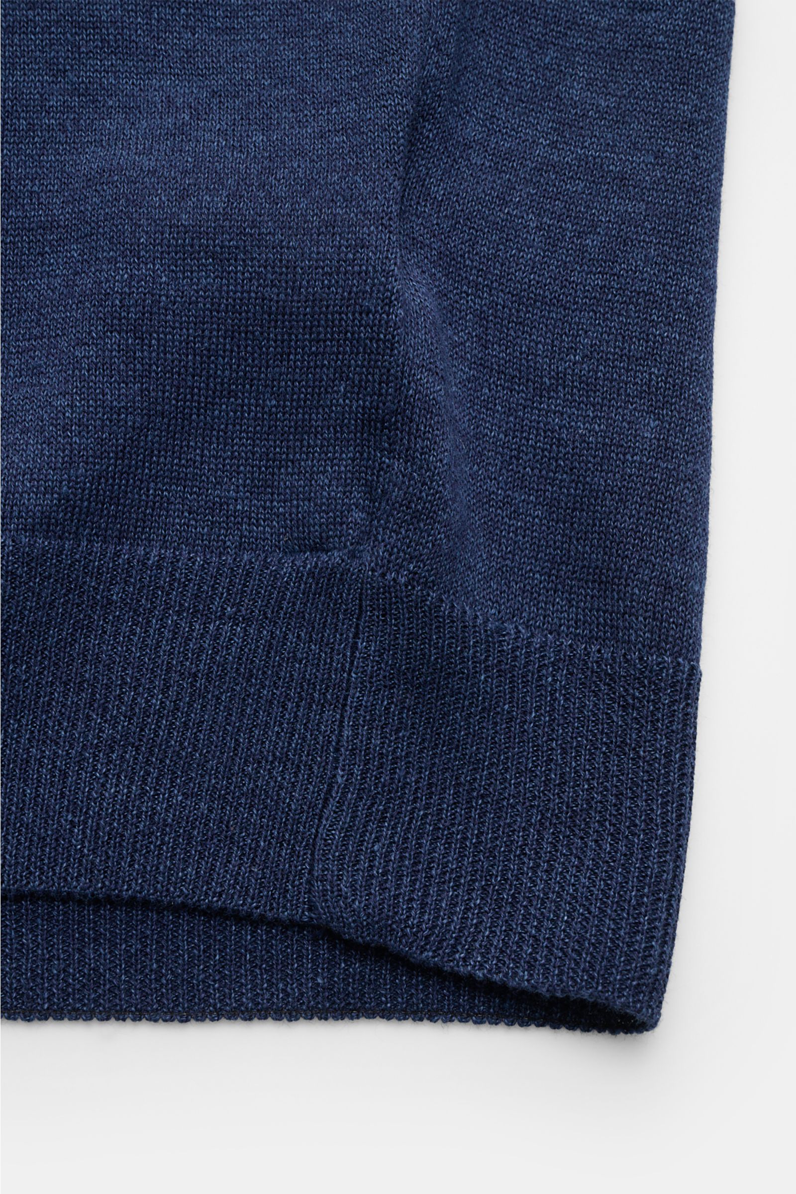 Gran Sasso Kurzarmpullover navy/offwhite gestreift, Detailaufnahme Rippbündchen und feines Strickbild, Leinen-Baumwoll-Mix, Rundhals.