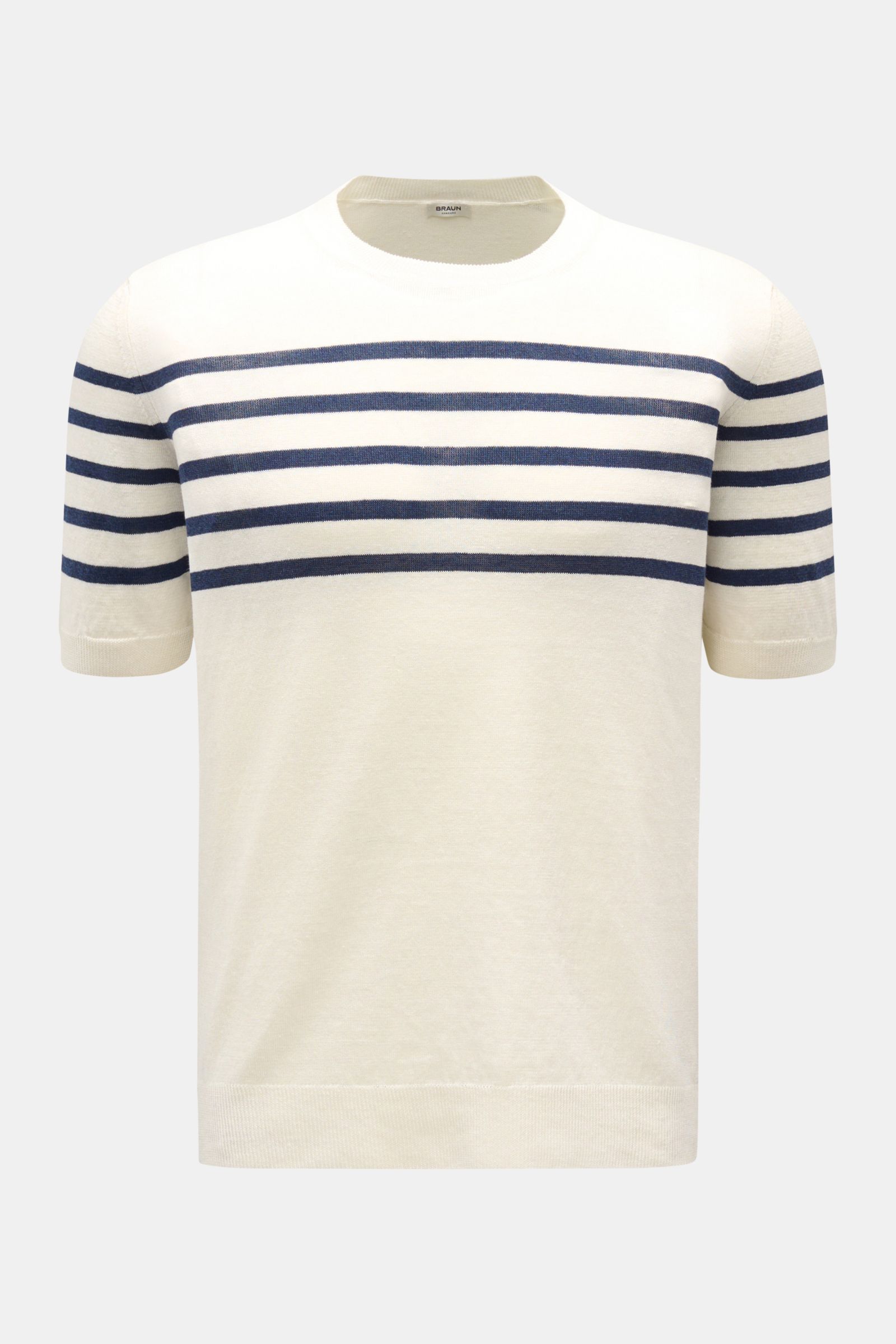 Gran Sasso Kurzarmpullover offwhite/navy gestreift, Frontansicht, Leinen-Baumwoll-Mix, weicher Griff, Streifenmuster auf Brust, Rundhals, Rippbündchen, Regular Fit